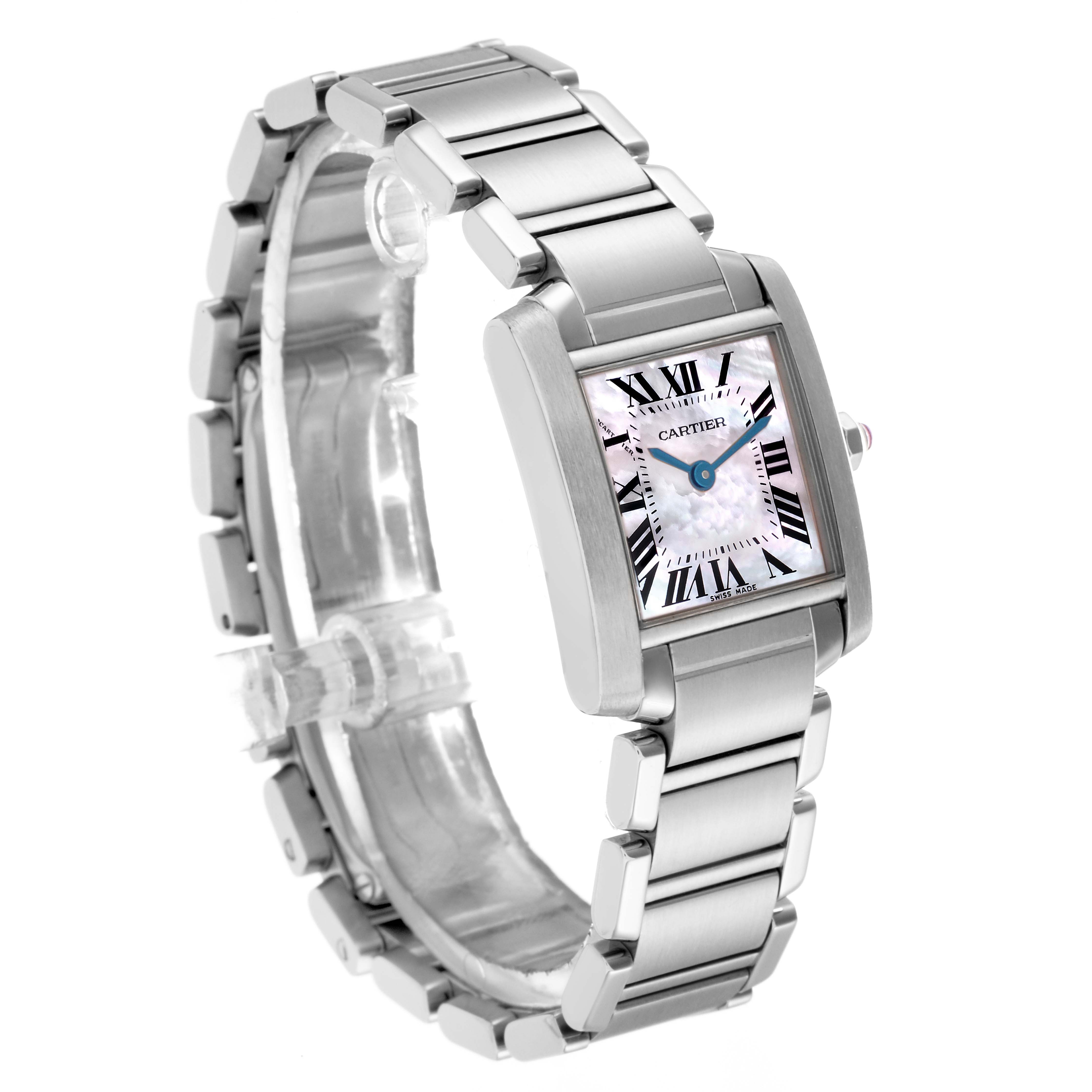 The Cartier Tank Française is shown at an angle highlighting its rectangular face, metal bracelet, and side view.