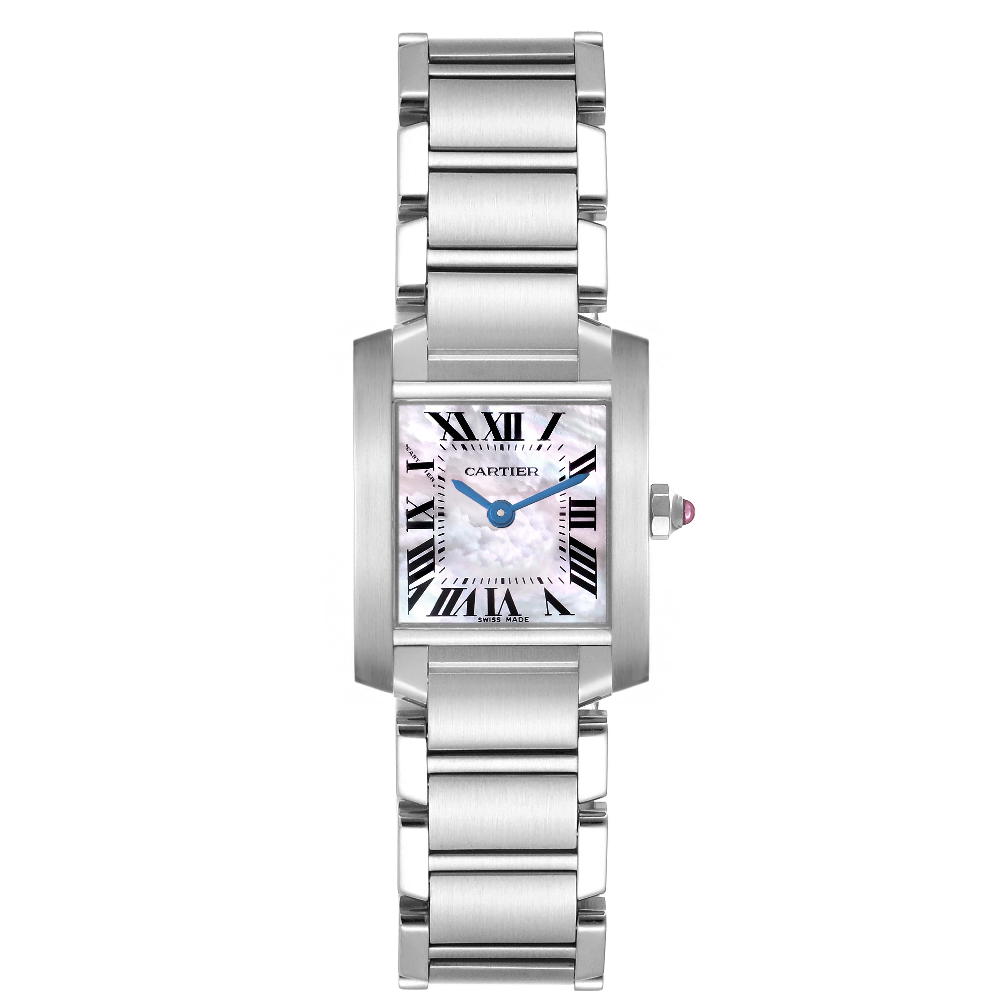 The Cartier Tank Francaise W51028Q3 Women
s Stainless Steel Mother of Pearl Dial W51028Q3 Women
s Stainless Steel Mother of Pearl Dial watch is shown from a front angle, highlighting the face, bracelet, and crown.