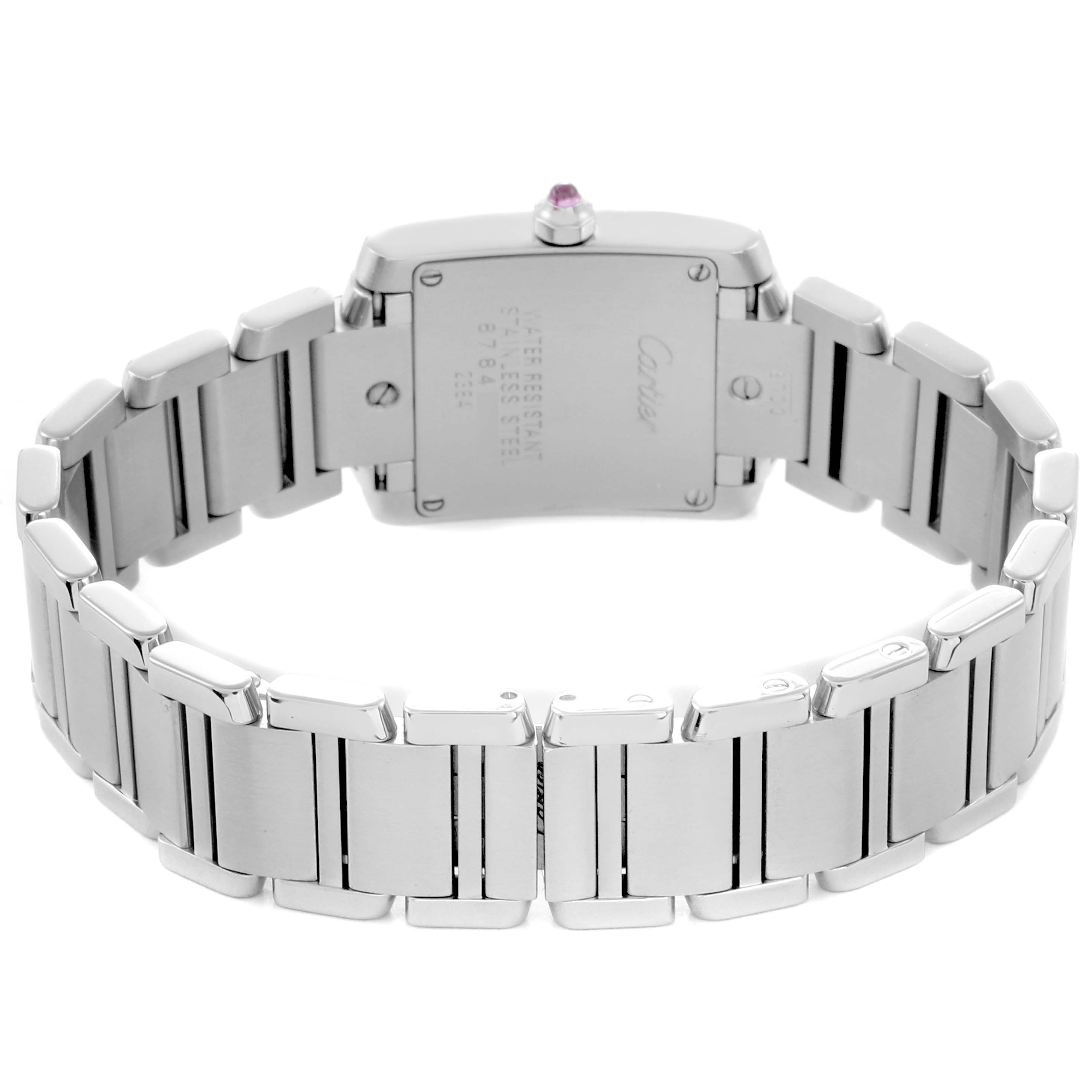 The Cartier Tank Française watch is shown from the back, highlighting the case back and the stainless steel bracelet.