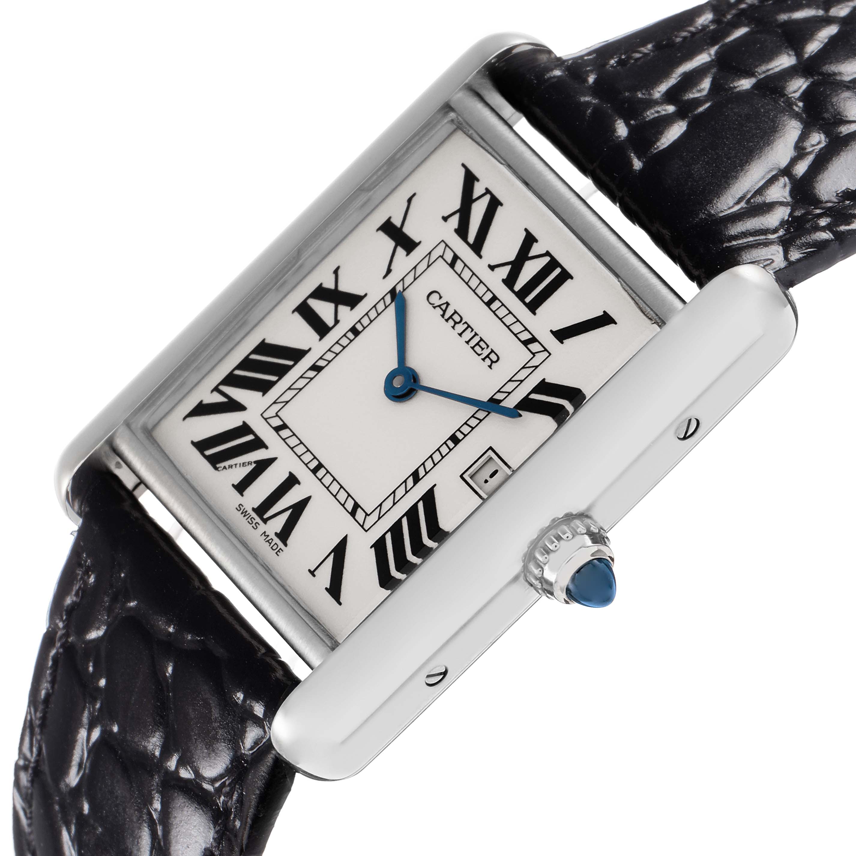 The Cartier Tank Louis W1540956 Men
s White Gold Silver Dial W1540956 Men
s White Gold Silver Dial watch is shown at an angled view highlighting the Roman numeral dial, blue hands, and a sapphire cabochon crown.