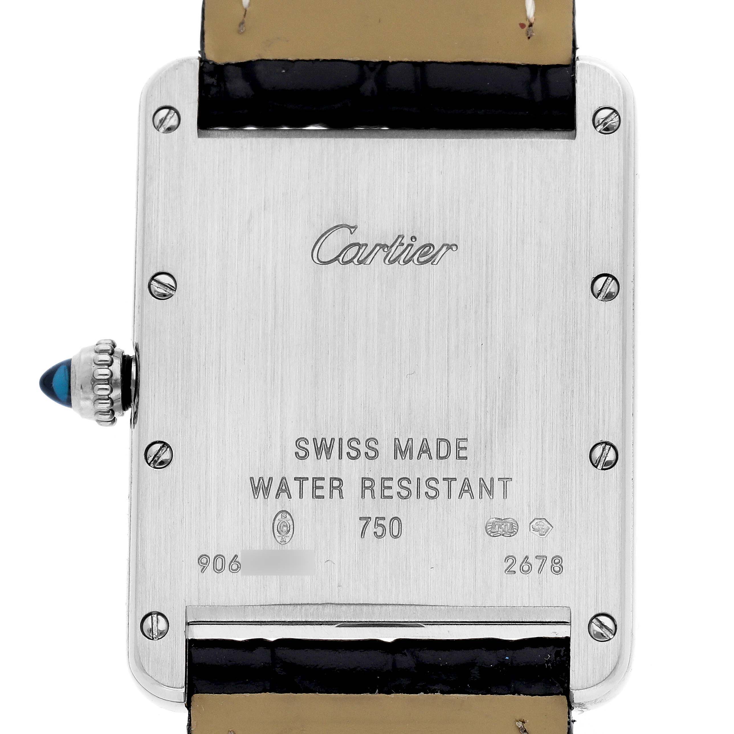 The image shows the back of the Cartier Tank Louis W1540956 Men
s White Gold Silver Dial W1540956 Men
s White Gold Silver Dial watch, highlighting its engravings and crown.