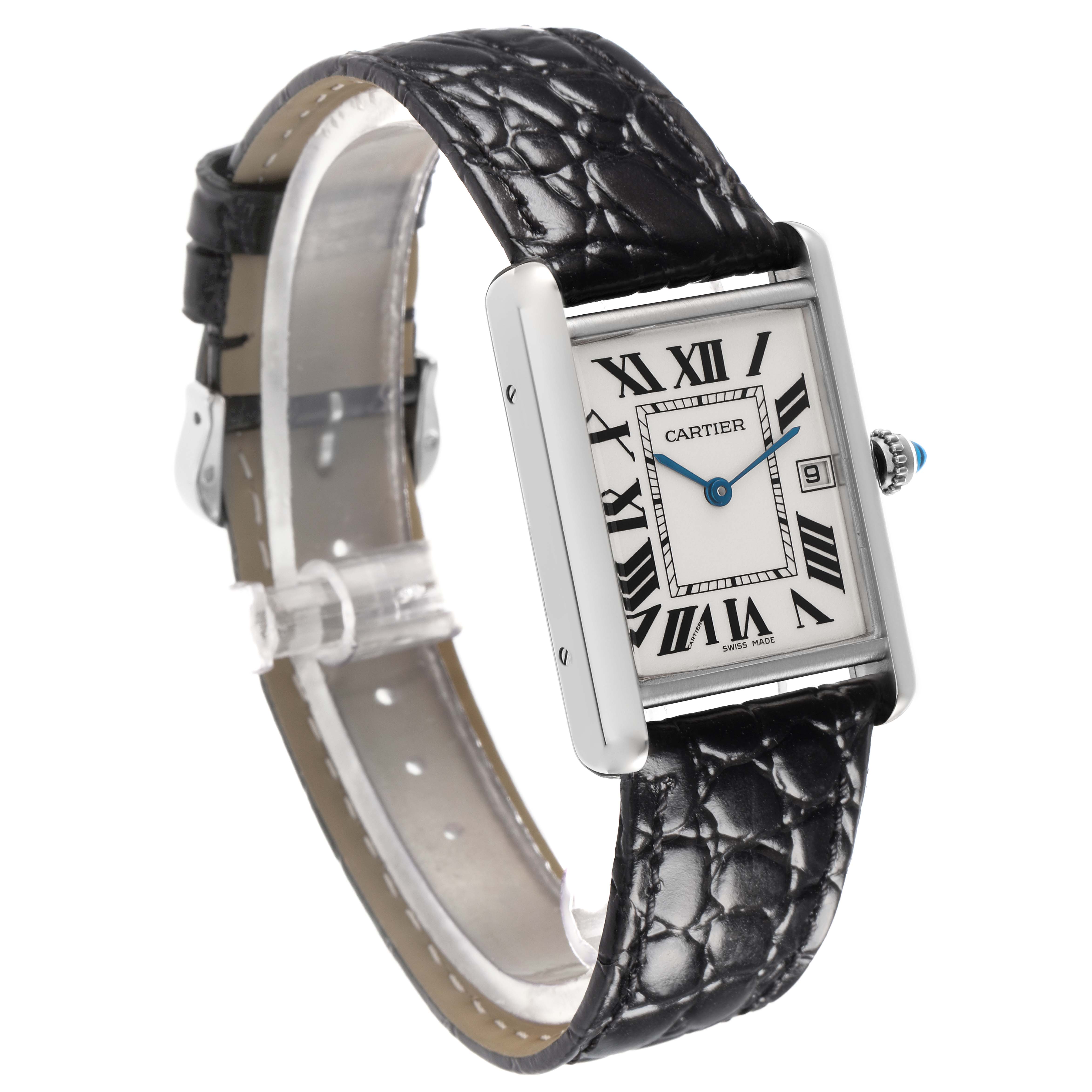 The Cartier Tank Louis W1540956 Men
s White Gold Silver Dial W1540956 Men
s White Gold Silver Dial watch is shown at a three-quarter angle highlighting the face, Roman numerals, black strap, and blue hands.