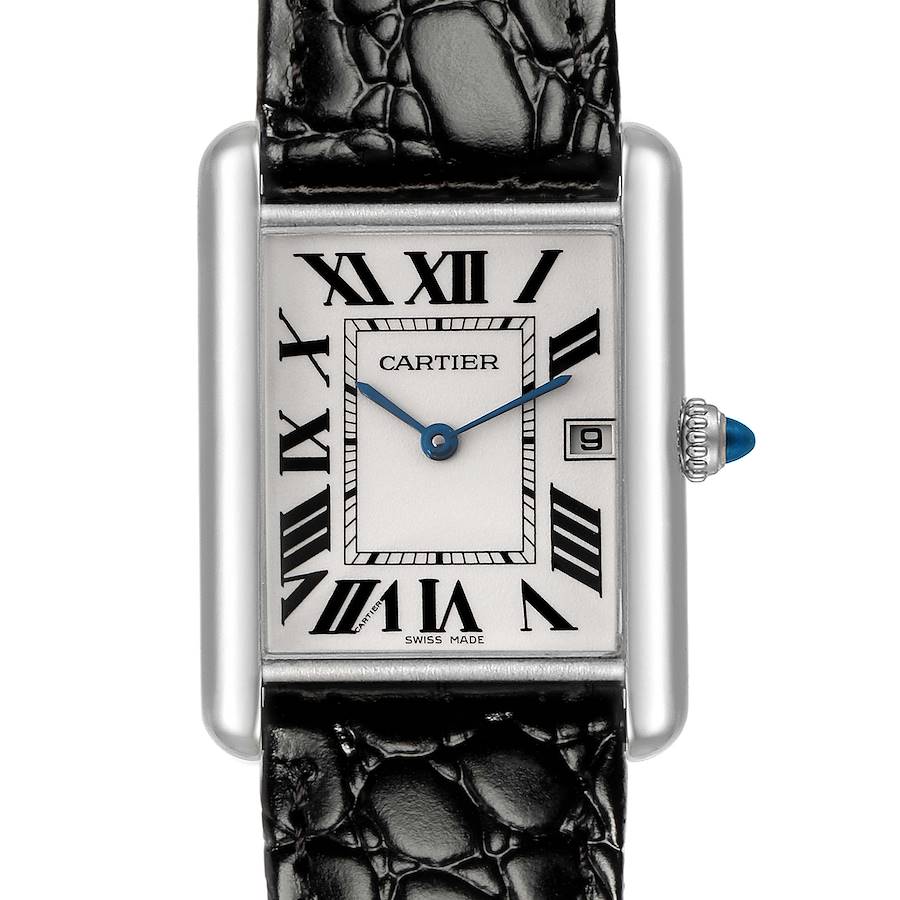 The Cartier Tank Louis watch is shown from the front, highlighting its rectangular face, Roman numerals, and black leather strap.