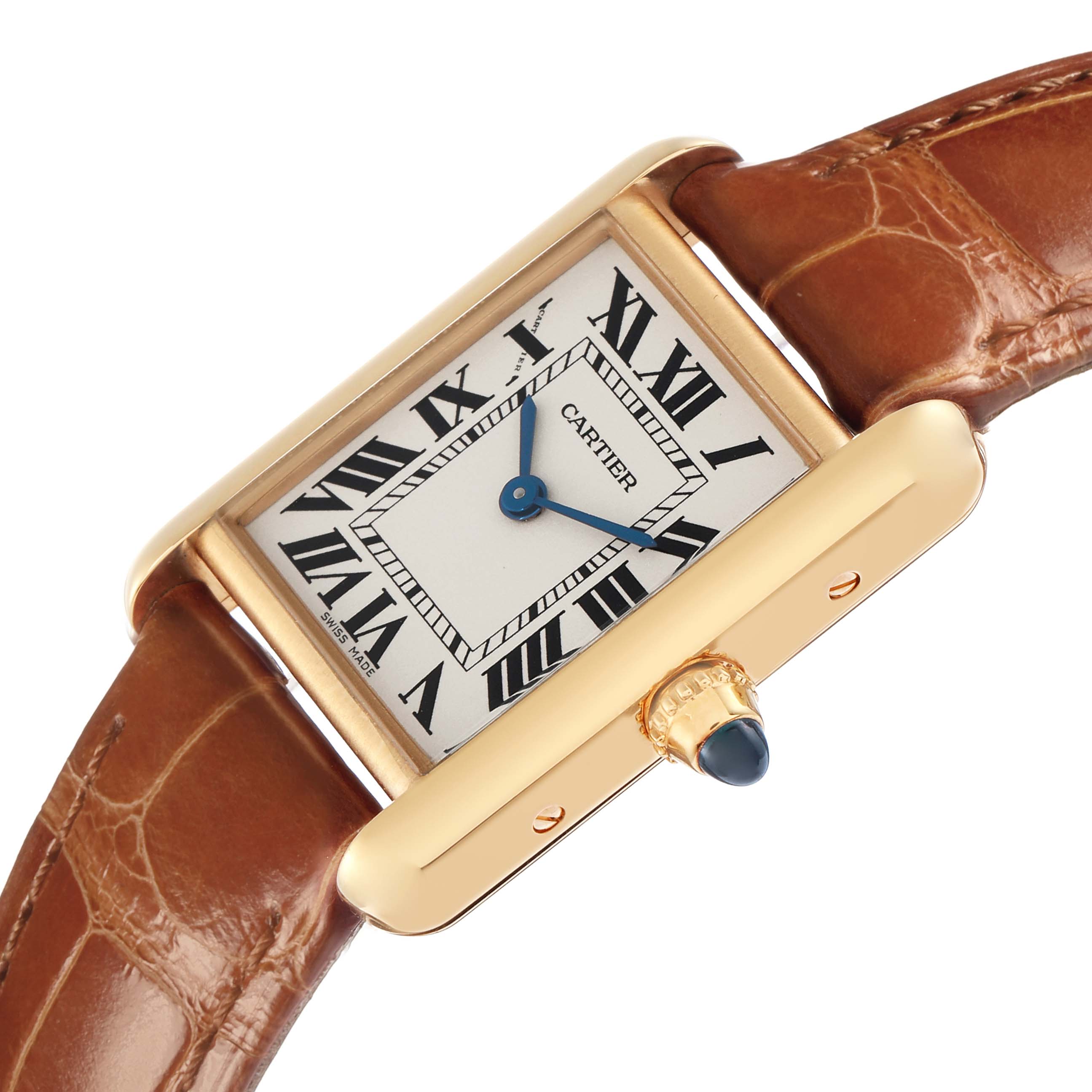 The Cartier Tank Louis W1529856 Women
s Yellow Gold Silver Dial W1529856 Women
s Yellow Gold Silver Dial watch is shown from a slight angle, displaying its rectangular face, Roman numerals, blue hands, gold casing, and leather strap.