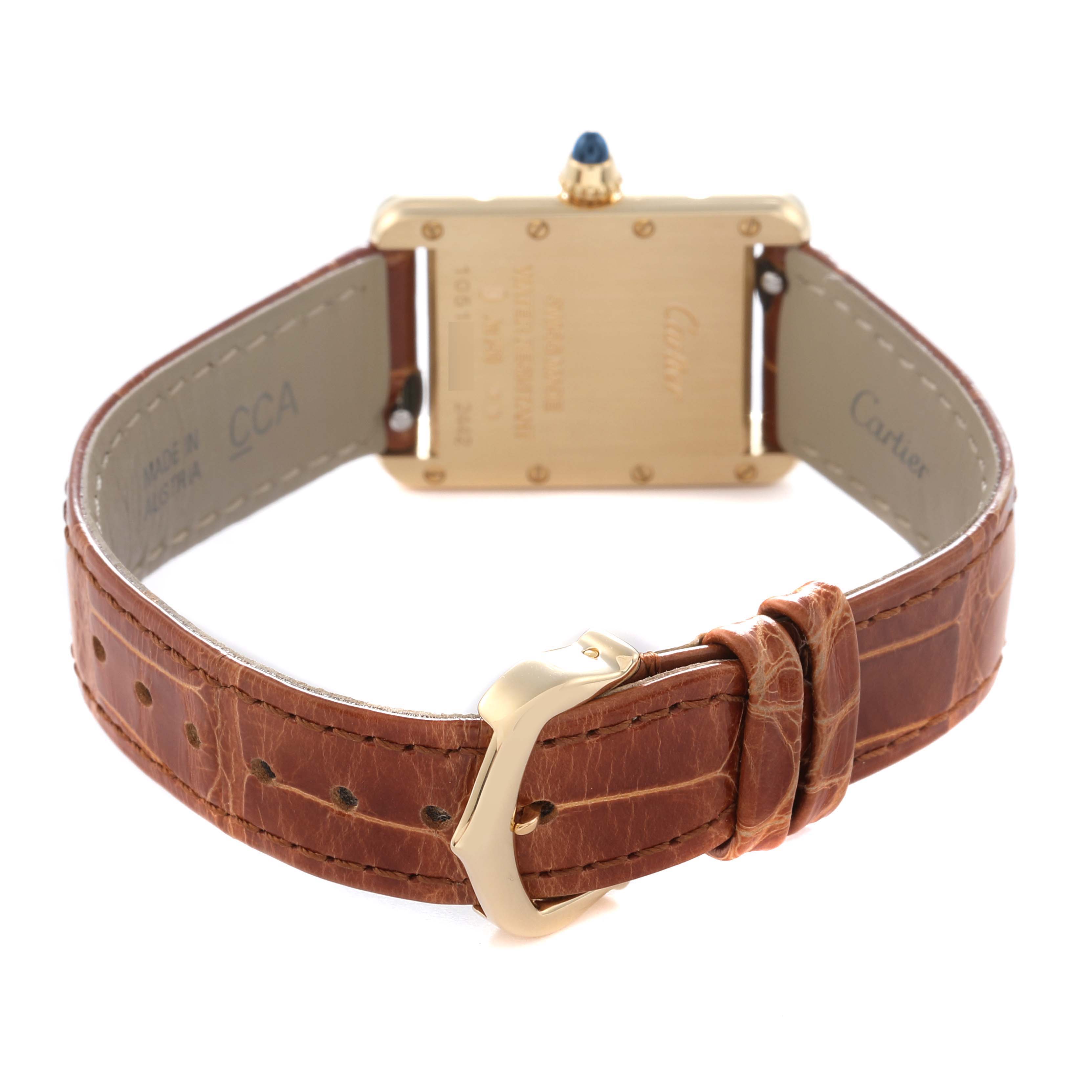 The image shows the back of a Cartier Tank Louis W1529856 Women
s Yellow Gold Silver Dial W1529856 Women
s Yellow Gold Silver Dial watch, featuring the strap, buckle, and case back details.