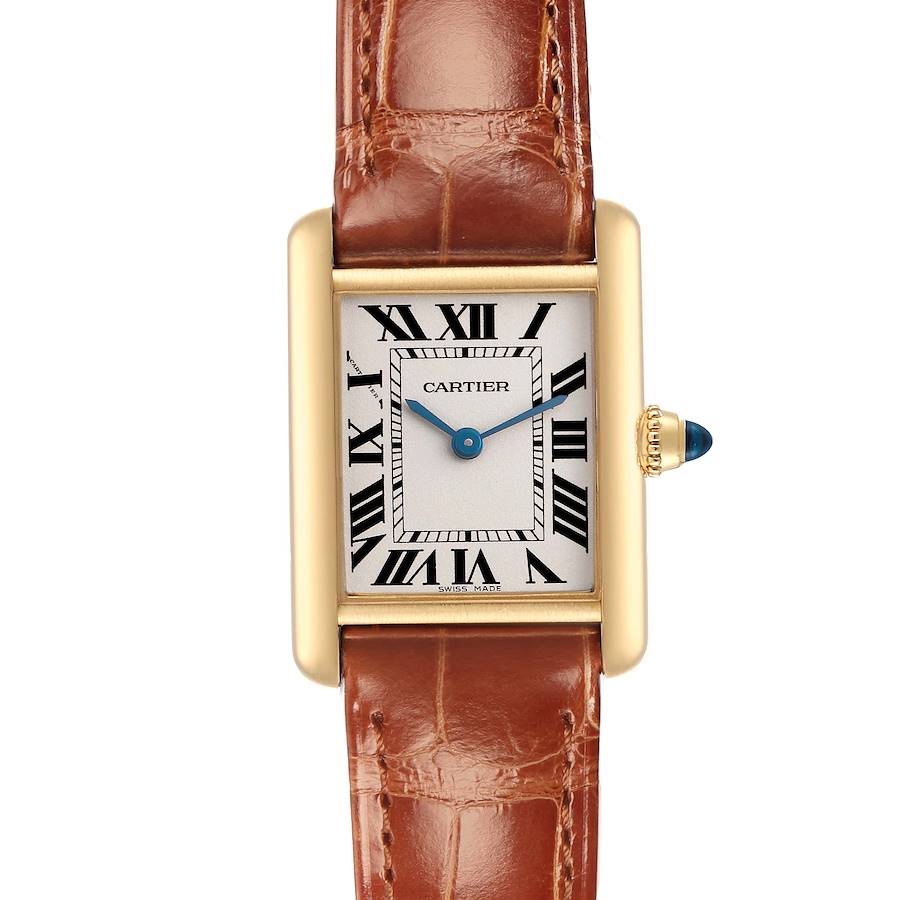 The Cartier Tank Louis watch is shown from a front angle, highlighting its rectangular case, brown strap, and Roman numerals.