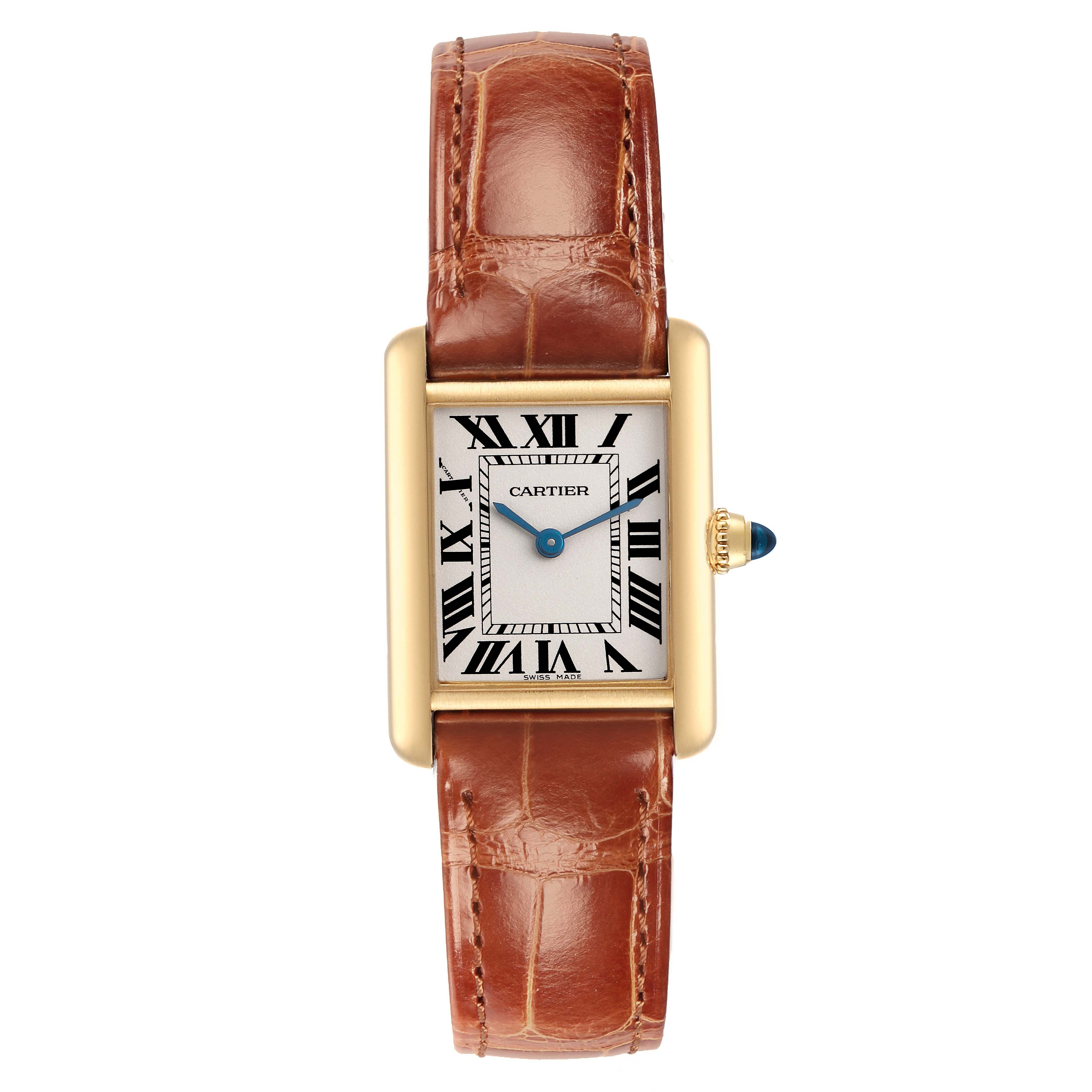 The Cartier Tank Louis W1529856 Women
s Yellow Gold Silver Dial W1529856 Women
s Yellow Gold Silver Dial watch is shown from a front view, displaying its rectangular face, Roman numeral indices, and leather strap.