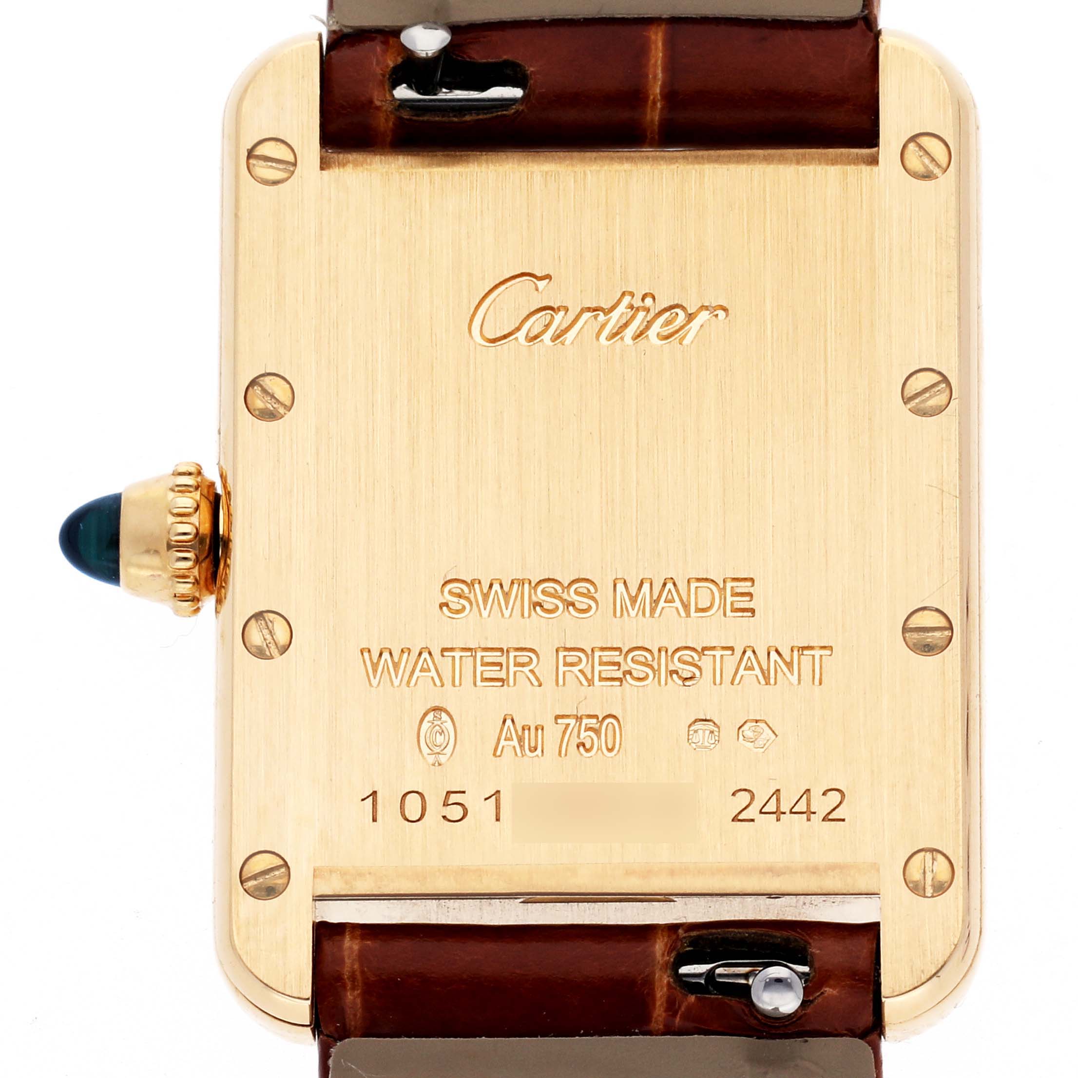 The image shows the back of a Cartier Tank Louis W1529856 Women
s Yellow Gold Silver Dial W1529856 Women
s Yellow Gold Silver Dial watch, featuring the crown and engraved details.