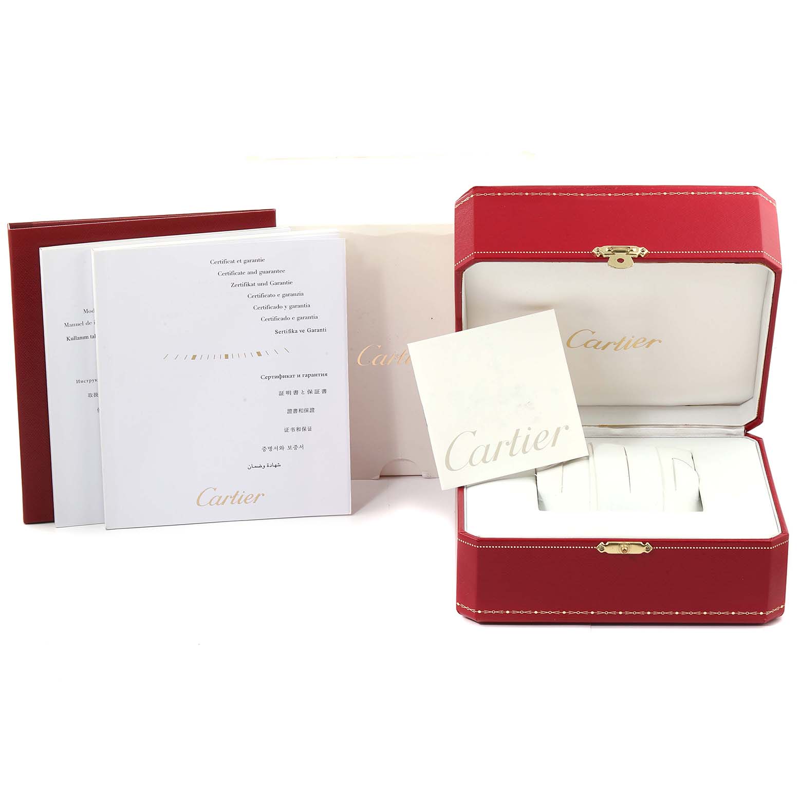 This image shows the packaging, manuals, and warranty card for the Cartier Tank MC WGTA0014 Men's Rose Gold Grey Dial WGTA0014 Men's Rose Gold Grey Dial watch.