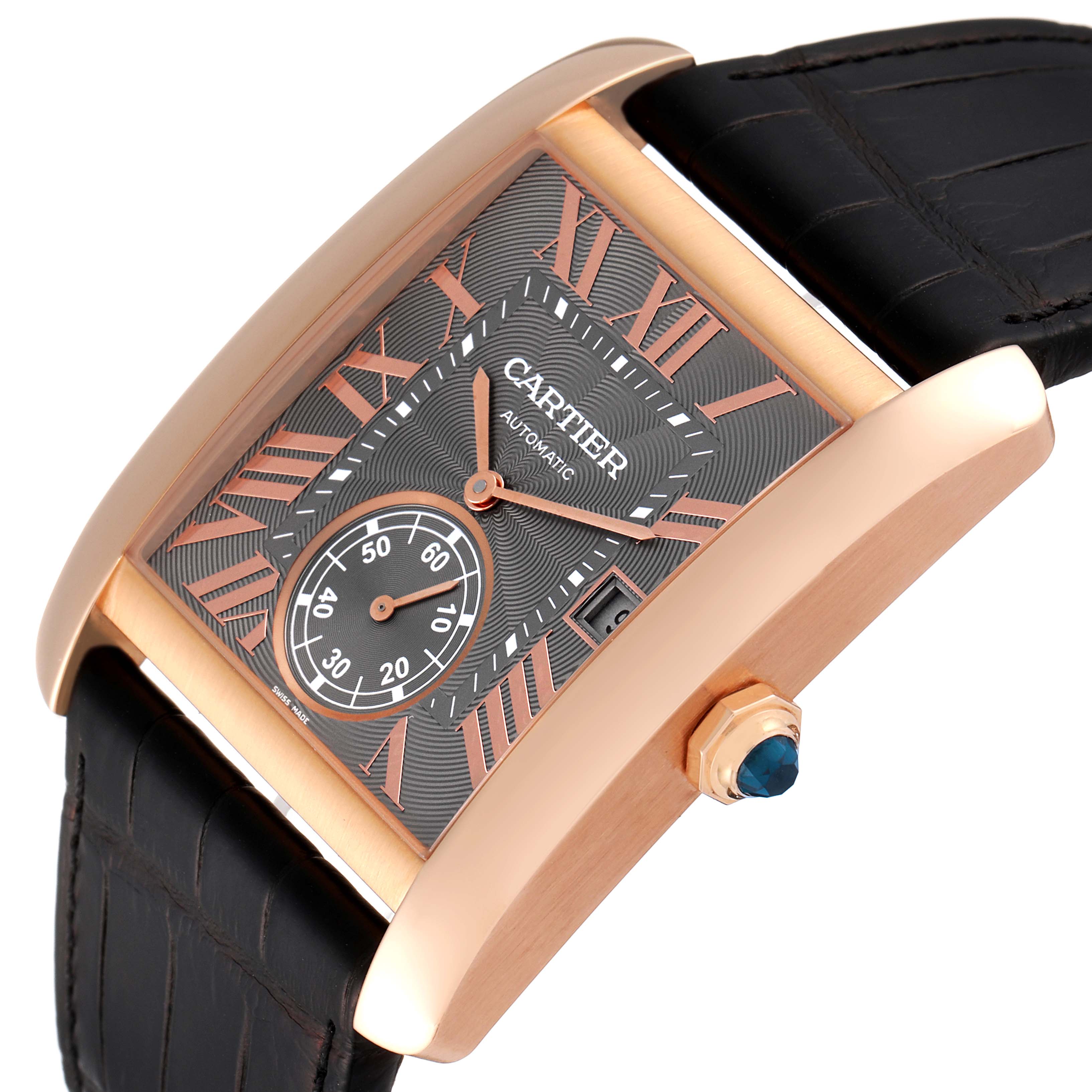 This image shows the Cartier Tank MC WGTA0014 Men's Rose Gold Grey Dial WGTA0014 Men's Rose Gold Grey Dial watch at an oblique angle, highlighting the dial, crown, and part of the leather strap.