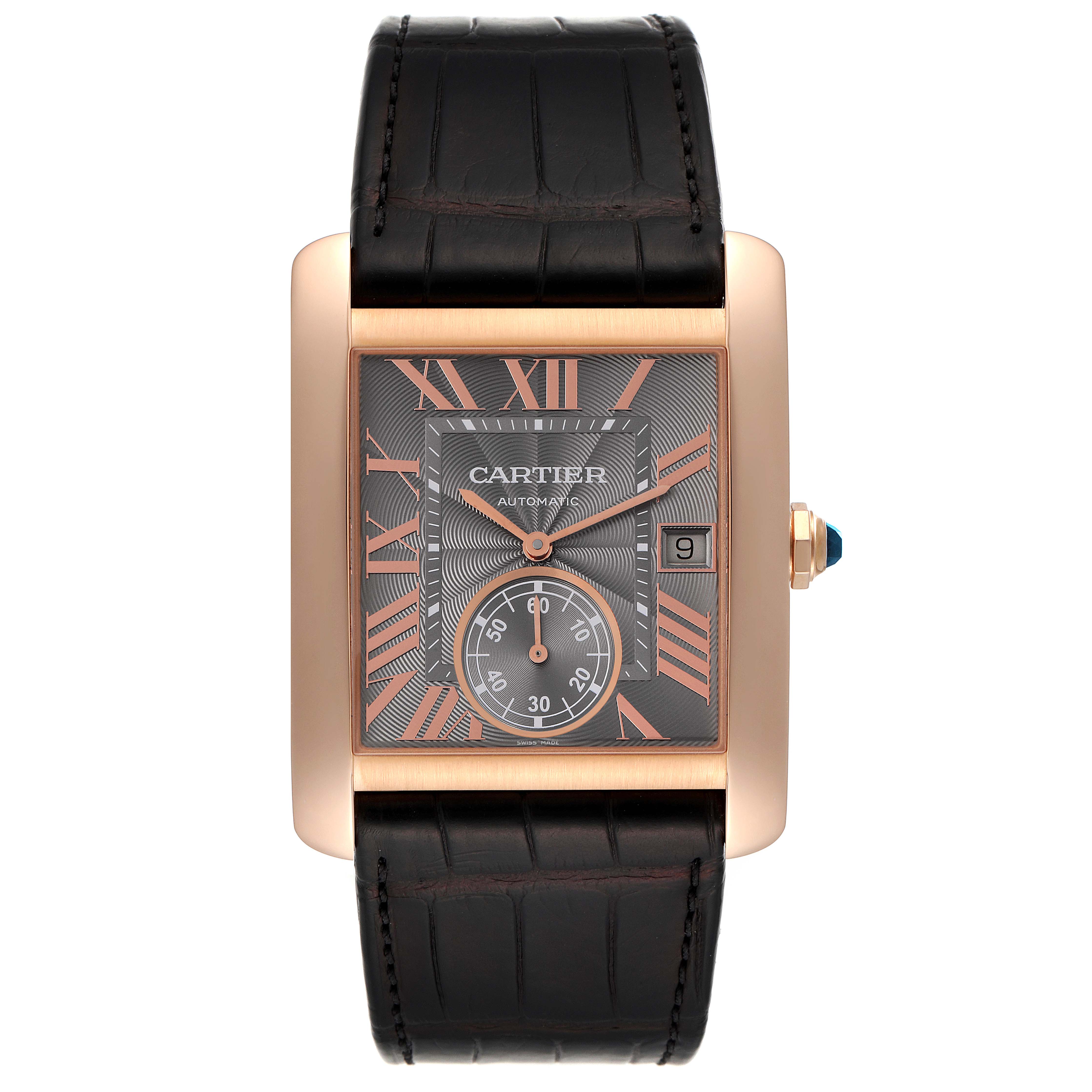 The Cartier Tank MC WGTA0014 Men's Rose Gold Grey Dial WGTA0014 Men's Rose Gold Grey Dial watch is shown in a front view, displaying its rectangular dial, rose gold case, and black leather strap.