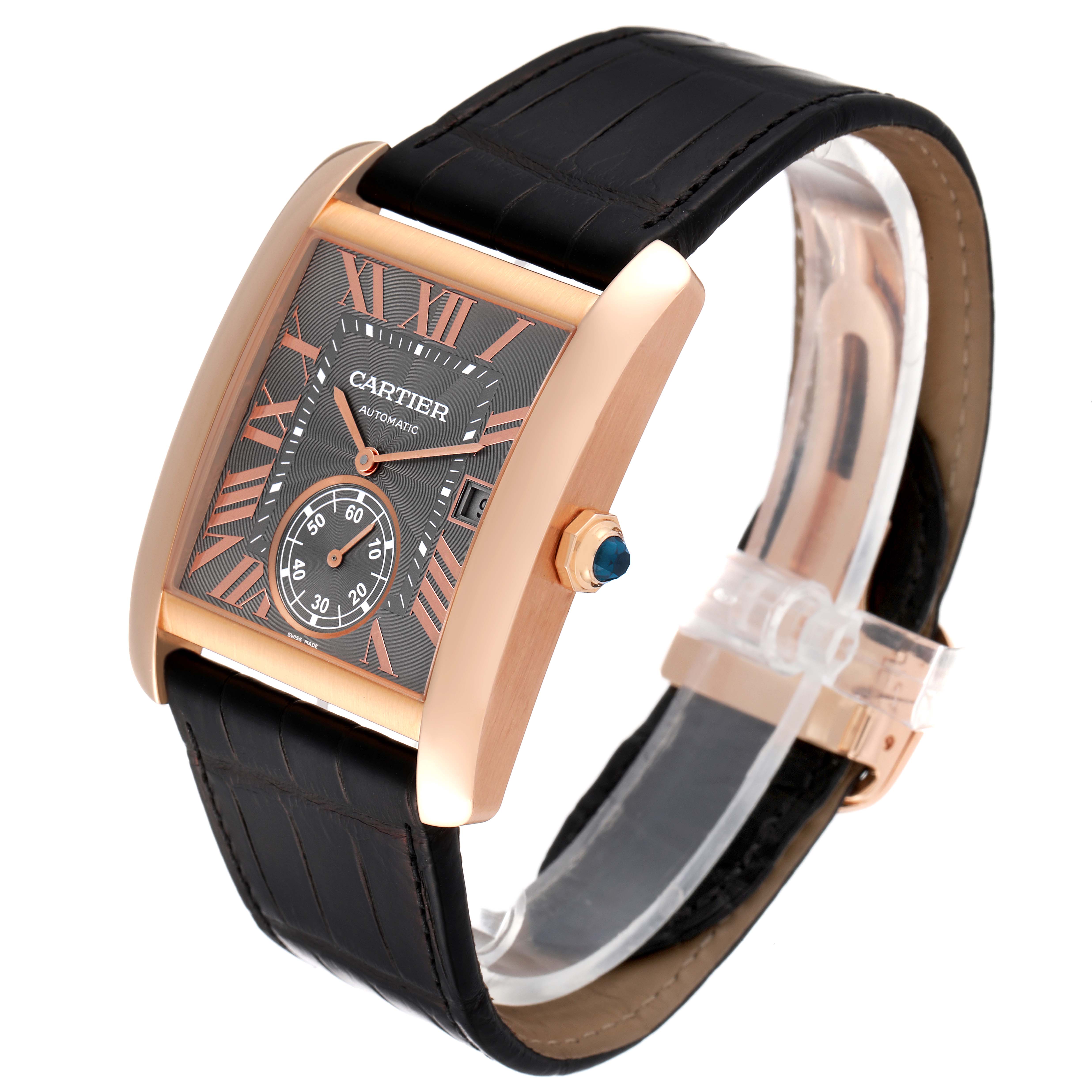 This image shows a Cartier Tank MC WGTA0014 Men's Rose Gold Grey Dial WGTA0014 Men's Rose Gold Grey Dial watch from a front-side angle, highlighting its dial, crown, and black leather strap.