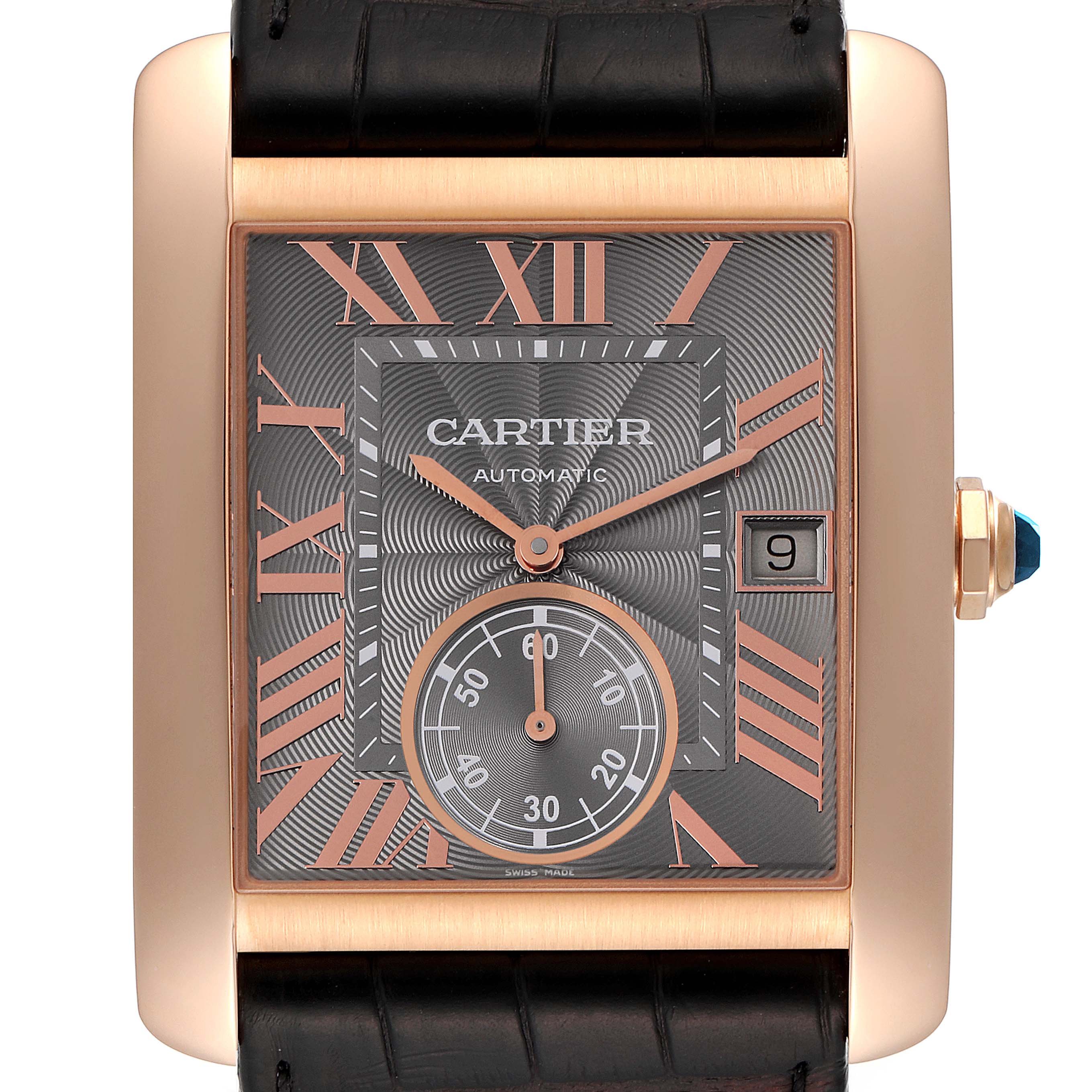 This image shows a Cartier Tank MC WGTA0014 Men's Rose Gold Grey Dial WGTA0014 Men's Rose Gold Grey Dial watch from a straight-on angle, highlighting the face and bezel.
