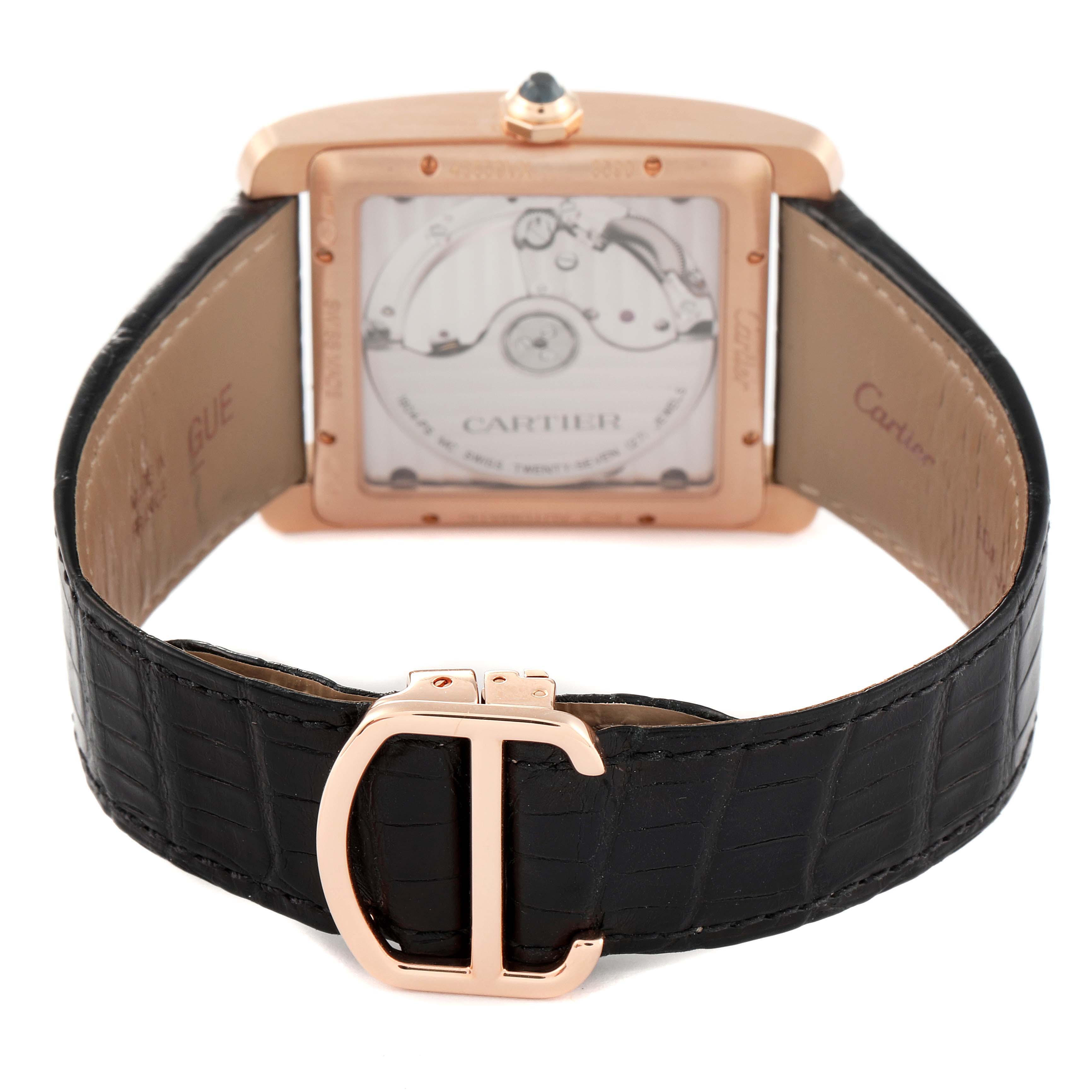 The image shows the back view of a Cartier Tank MC WGTA0014 Men's Rose Gold Grey Dial WGTA0014 Men's Rose Gold Grey Dial watch, highlighting the movement and leather strap with the Cartier logo buckle.