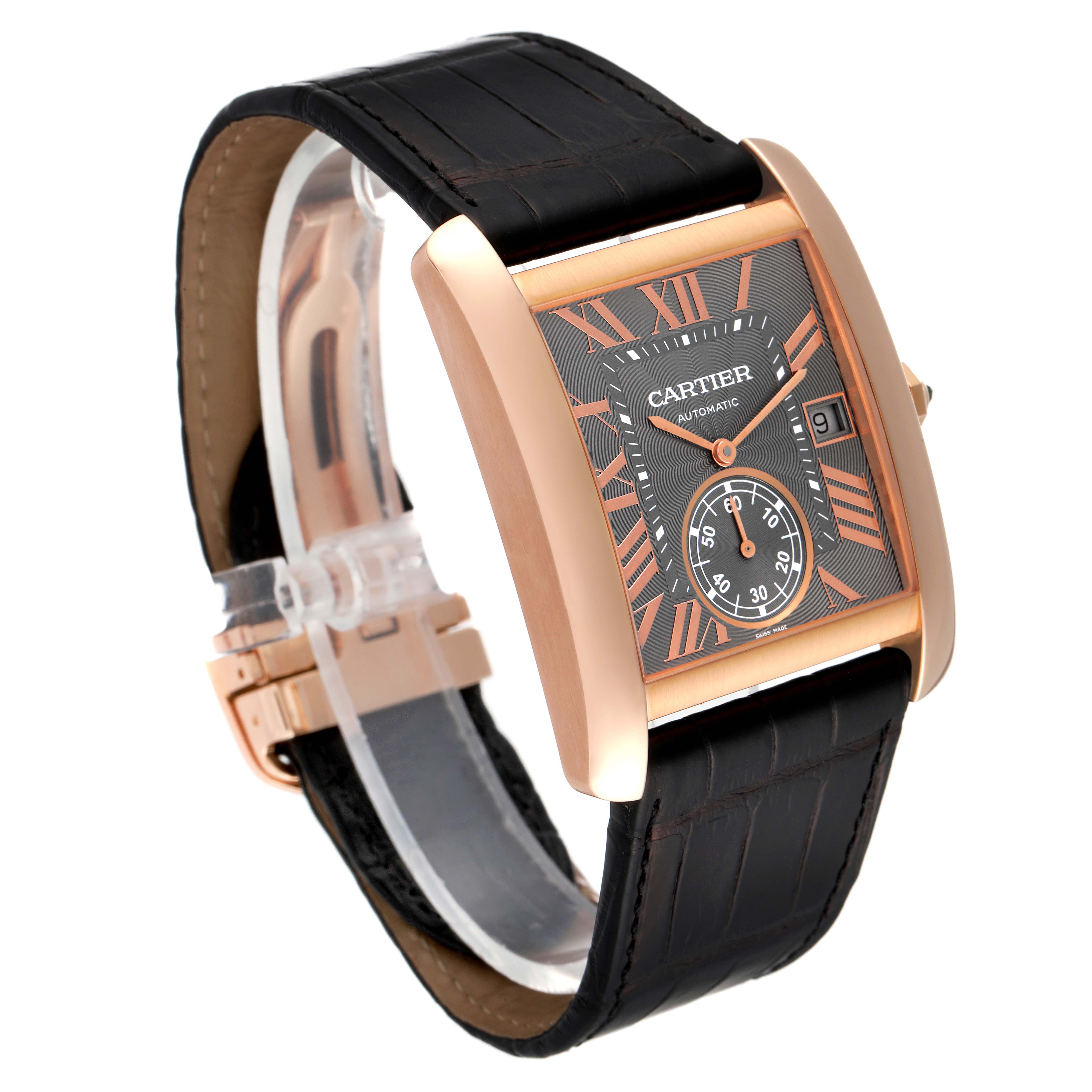 The image shows a Cartier Tank MC WGTA0014 Men's Rose Gold Grey Dial WGTA0014 Men's Rose Gold Grey Dial model watch at a three-quarter angle, displaying the face, strap, and buckle.