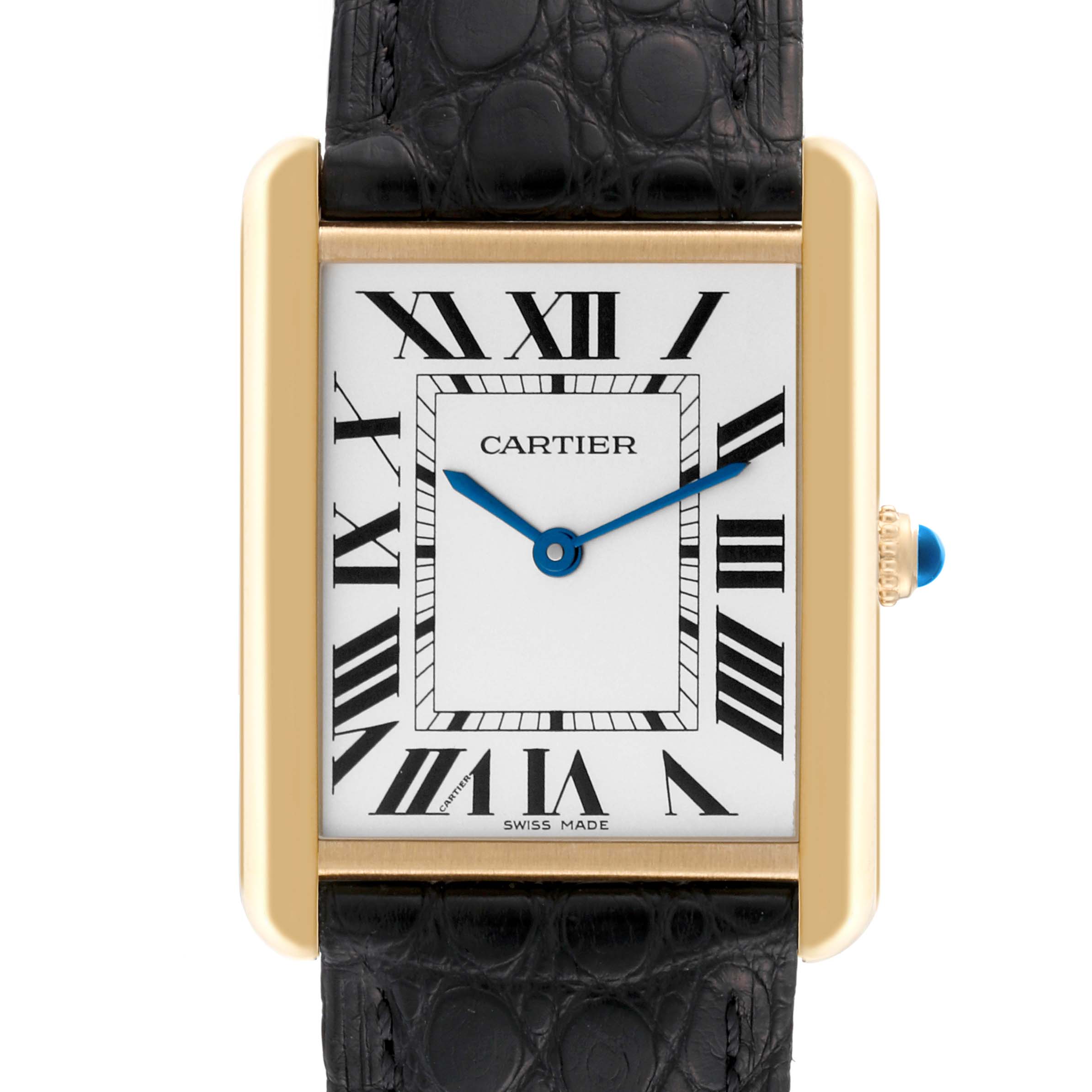 The Cartier Tank Solo W1018855 Men's Steel and Gold (two tone) Silver Dial W1018855 Men's Steel and Gold (two tone) Silver Dial watch is shown from a front angle, showcasing the rectangular dial, Roman numerals, and the leather strap.