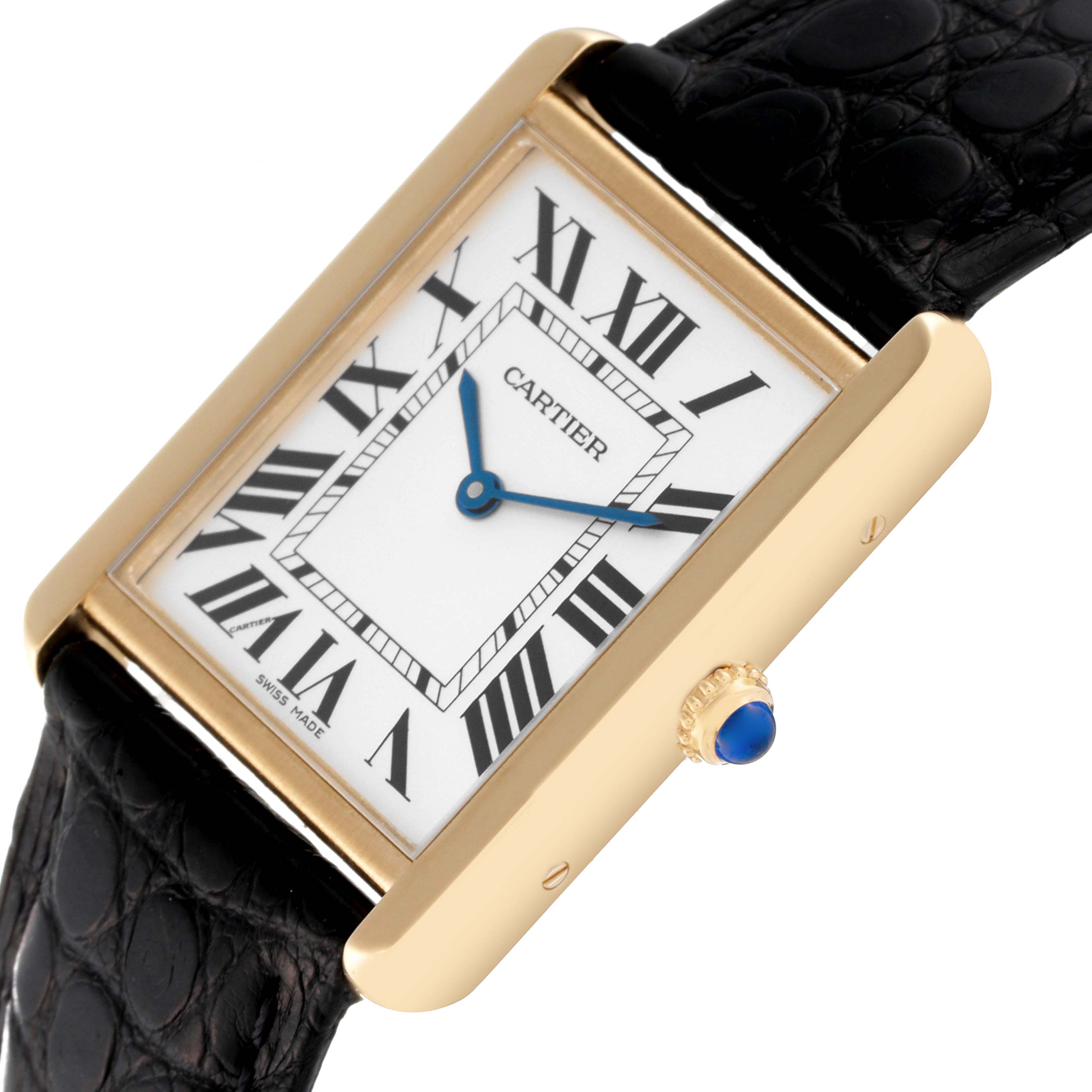 The image shows a Cartier Tank Solo W1018855 Men's Steel and Gold (two tone) Silver Dial W1018855 Men's Steel and Gold (two tone) Silver Dial watch at a slight angle, highlighting its rectangular face, side crown with a blue gem, and black strap.