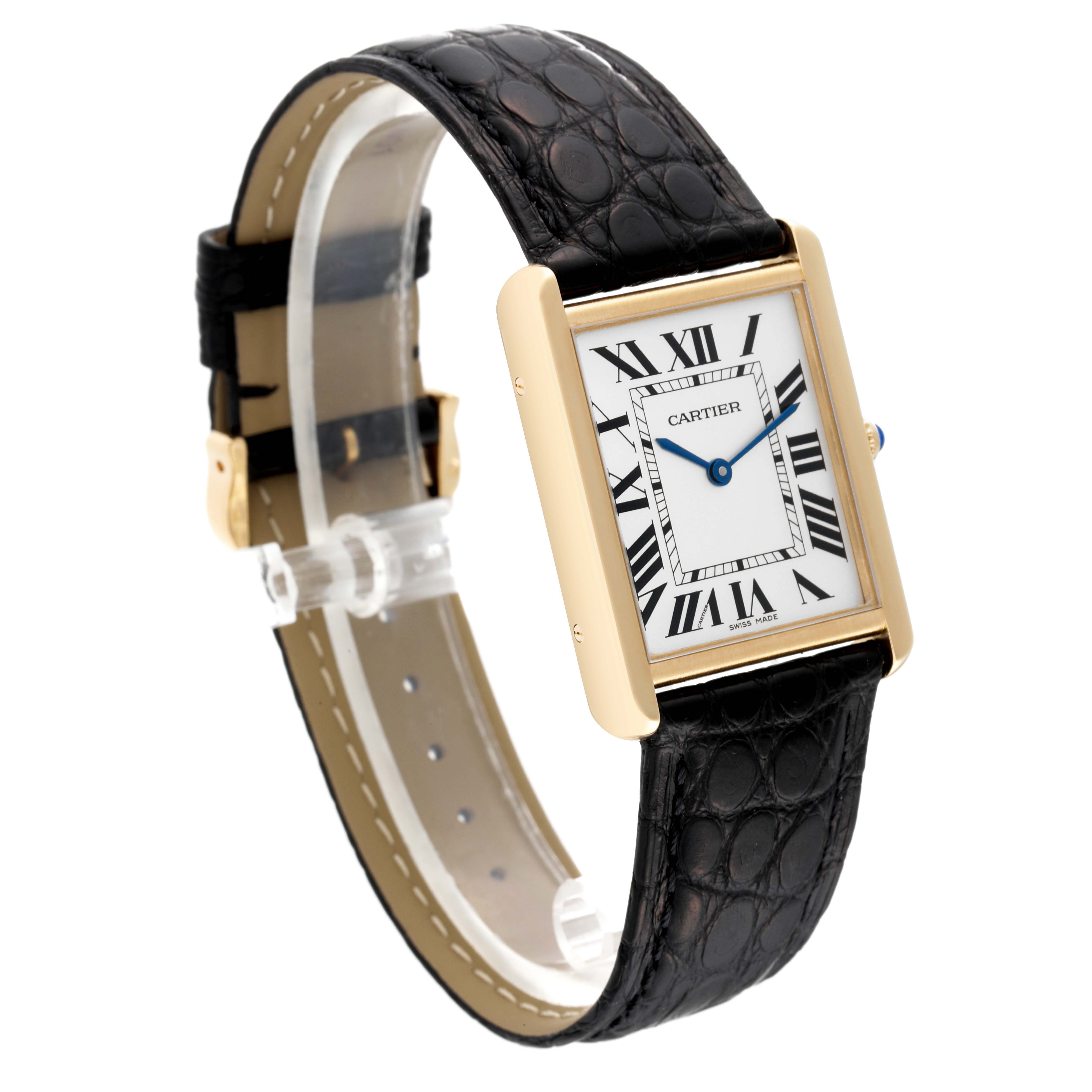 The image shows a Cartier Tank Solo W1018855 Men's Steel and Gold (two tone) Silver Dial W1018855 Men's Steel and Gold (two tone) Silver Dial watch at a slight angle, highlighting its rectangular face, Roman numerals, and black leather strap.