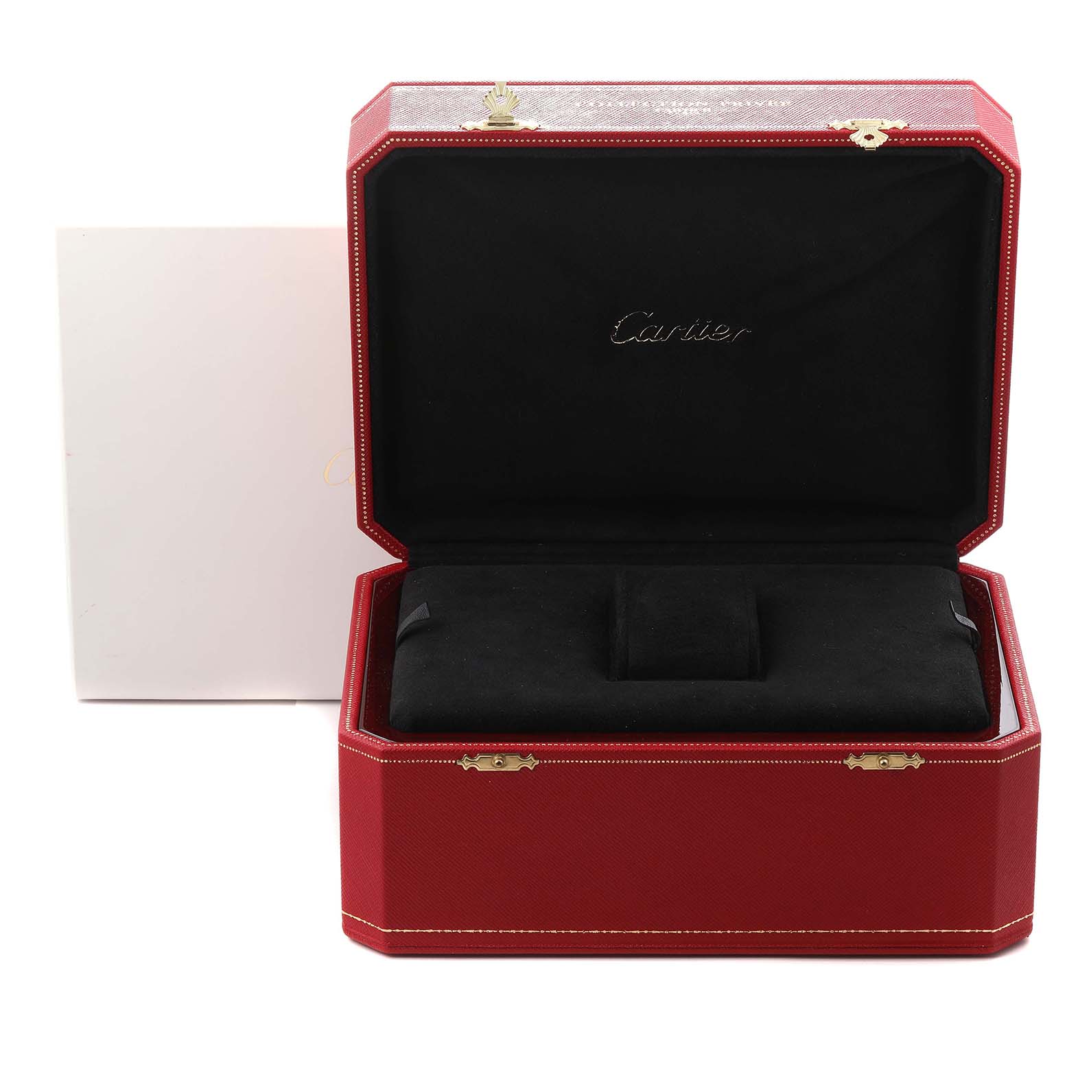 The image shows an open red Cartier watch box for the Tortue model, highlighting its interior and branding.