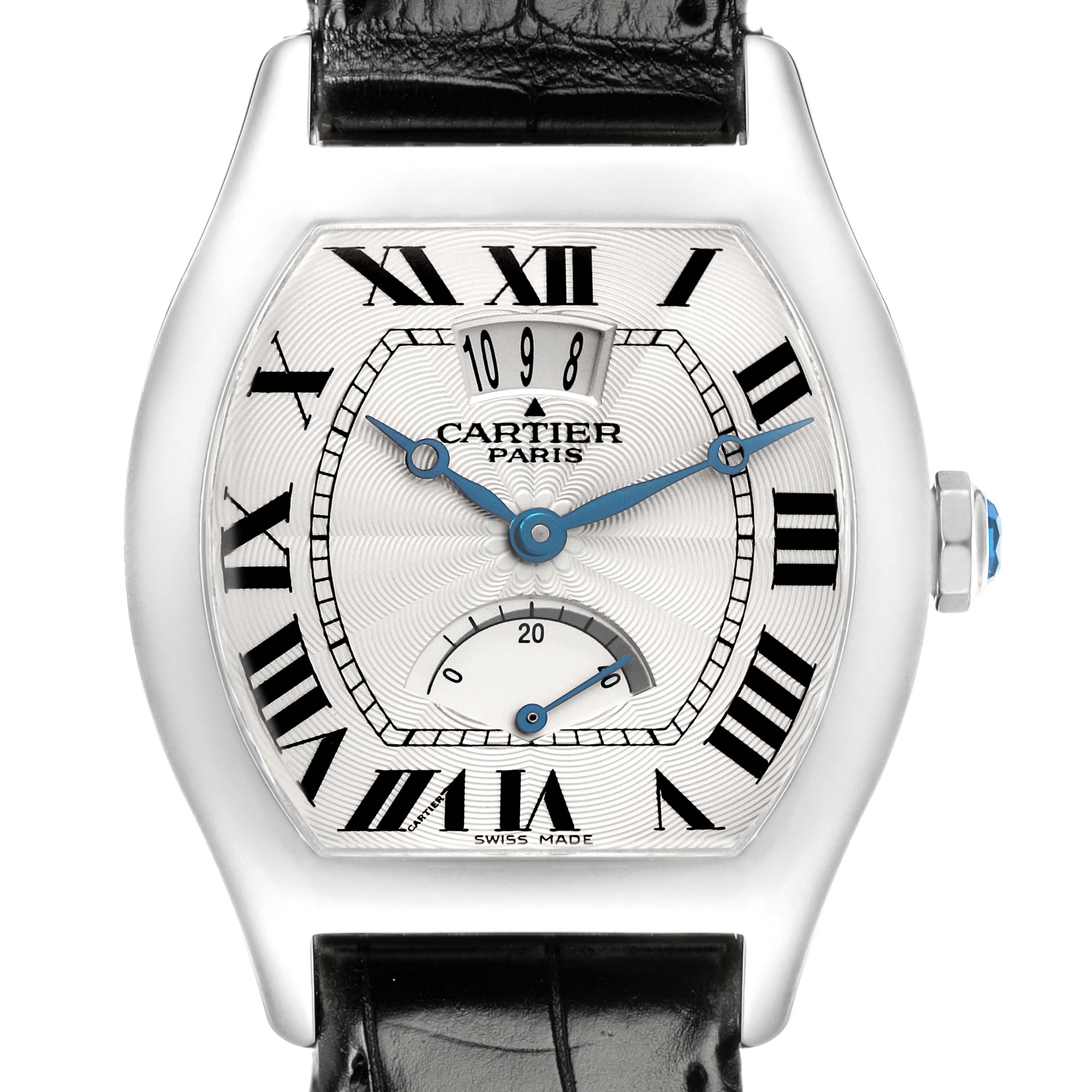 The Cartier Tortue W1542751 Men
s White Gold Silver Dial W1542751 Men
s White Gold Silver Dial watch is shown from a front angle, displaying the dial with Roman numerals, hands, and subdials.
