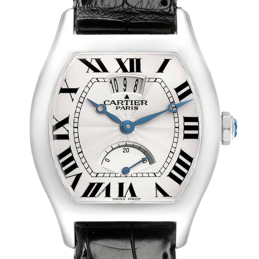 The Cartier Tortue watch is shown from a front angle, displaying the dial with Roman numerals, hands, and subdials.