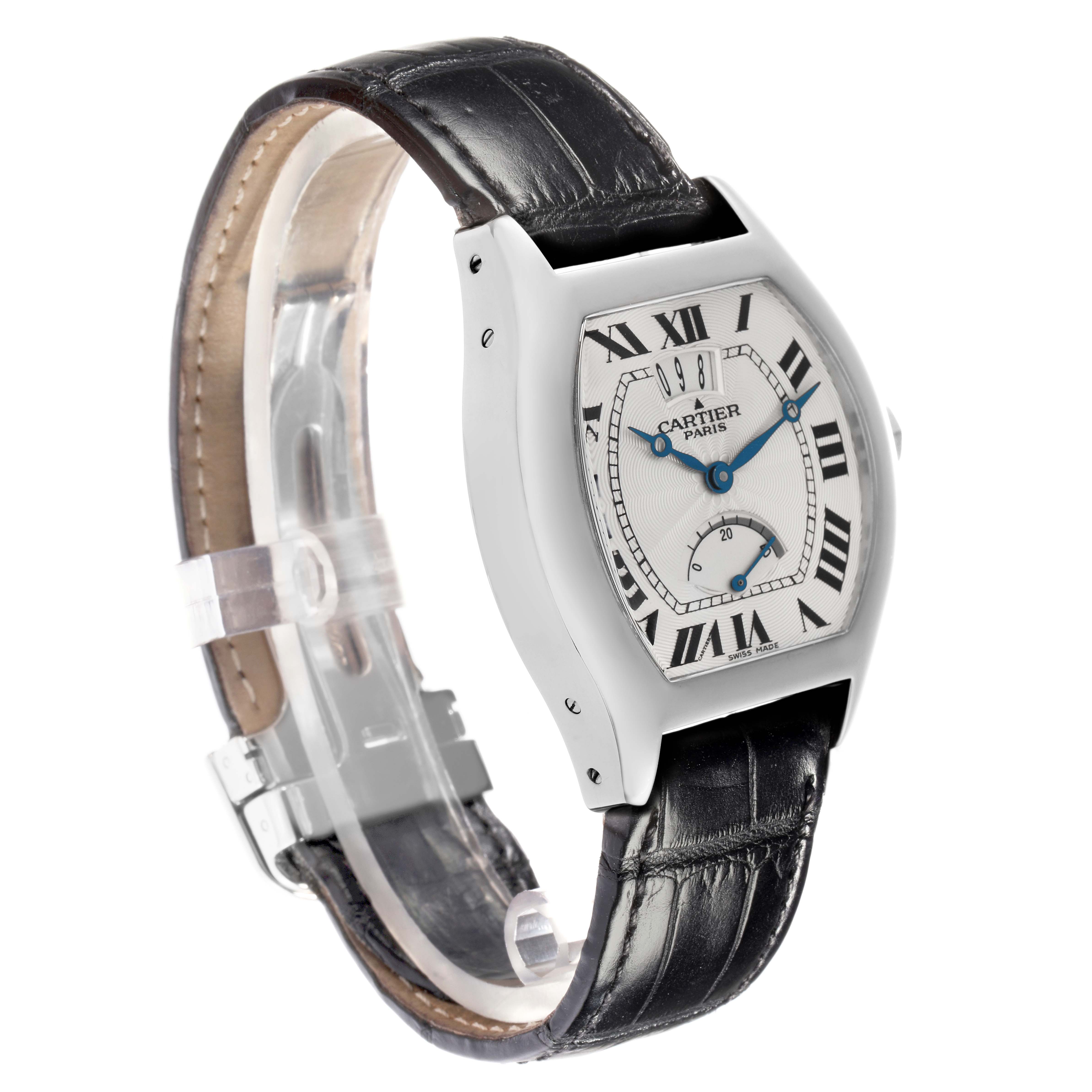The Cartier Tortue W1542751 Men
s White Gold Silver Dial W1542751 Men
s White Gold Silver Dial watch is shown at an angled side view, featuring the case, dial, and black leather strap.
