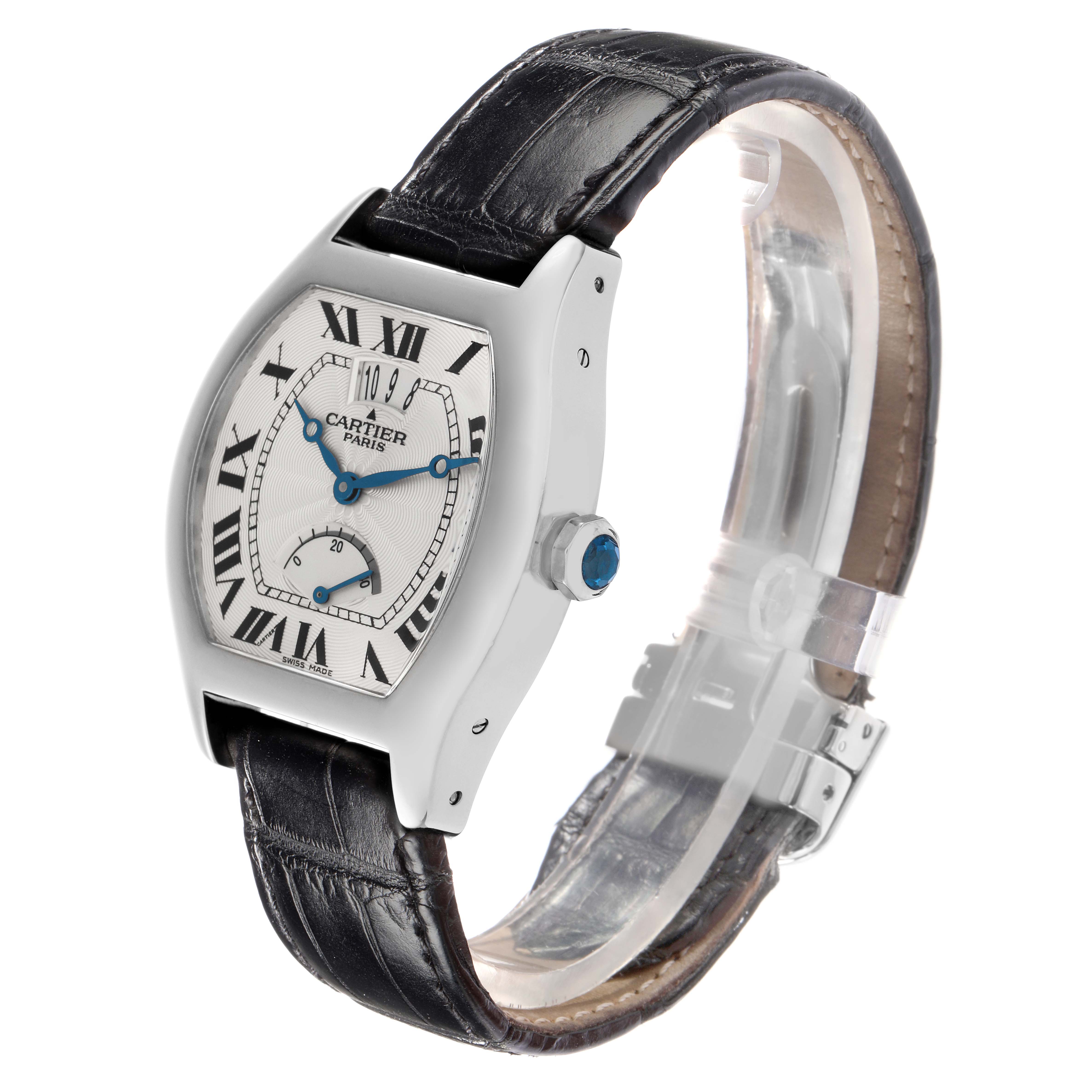 The Cartier Tortue W1542751 Men
s White Gold Silver Dial W1542751 Men
s White Gold Silver Dial watch is shown at a three-quarter angle displaying the face, bezel, crown, and part of the alligator strap.