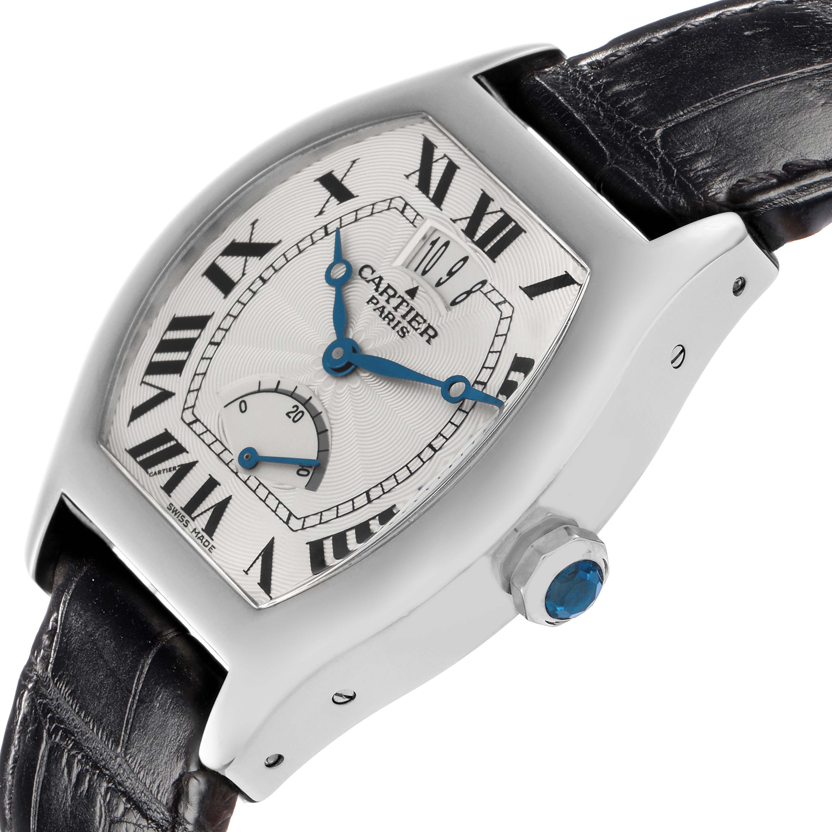 The Cartier Tortue W1542751 Men
s White Gold Silver Dial W1542751 Men
s White Gold Silver Dial watch is shown at an angle highlighting its face, crown, and part of the strap.