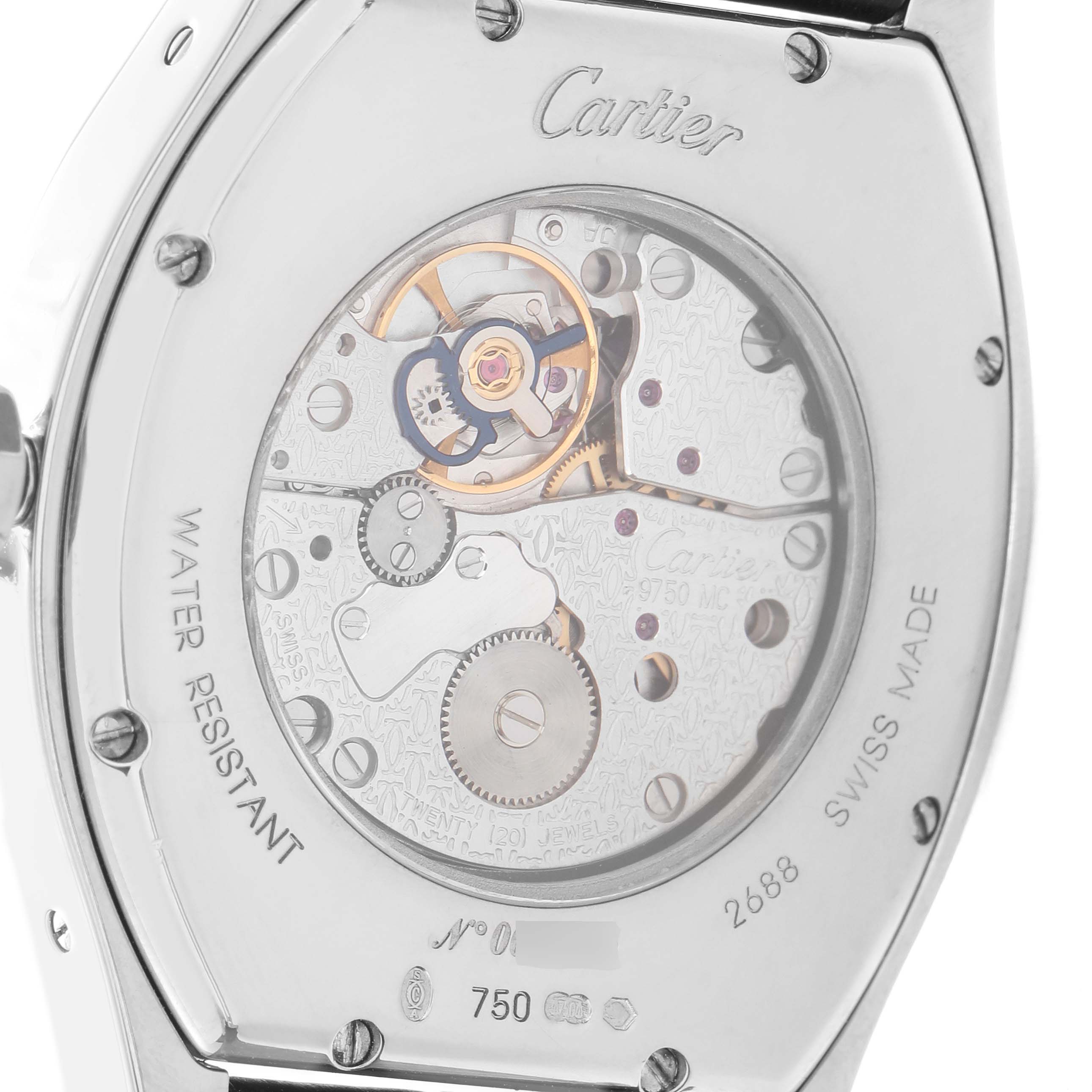 The image shows the back view of the Cartier Tortue W1542751 Men
s White Gold Silver Dial W1542751 Men
s White Gold Silver Dial watch, highlighting its intricate movement and inner mechanisms.