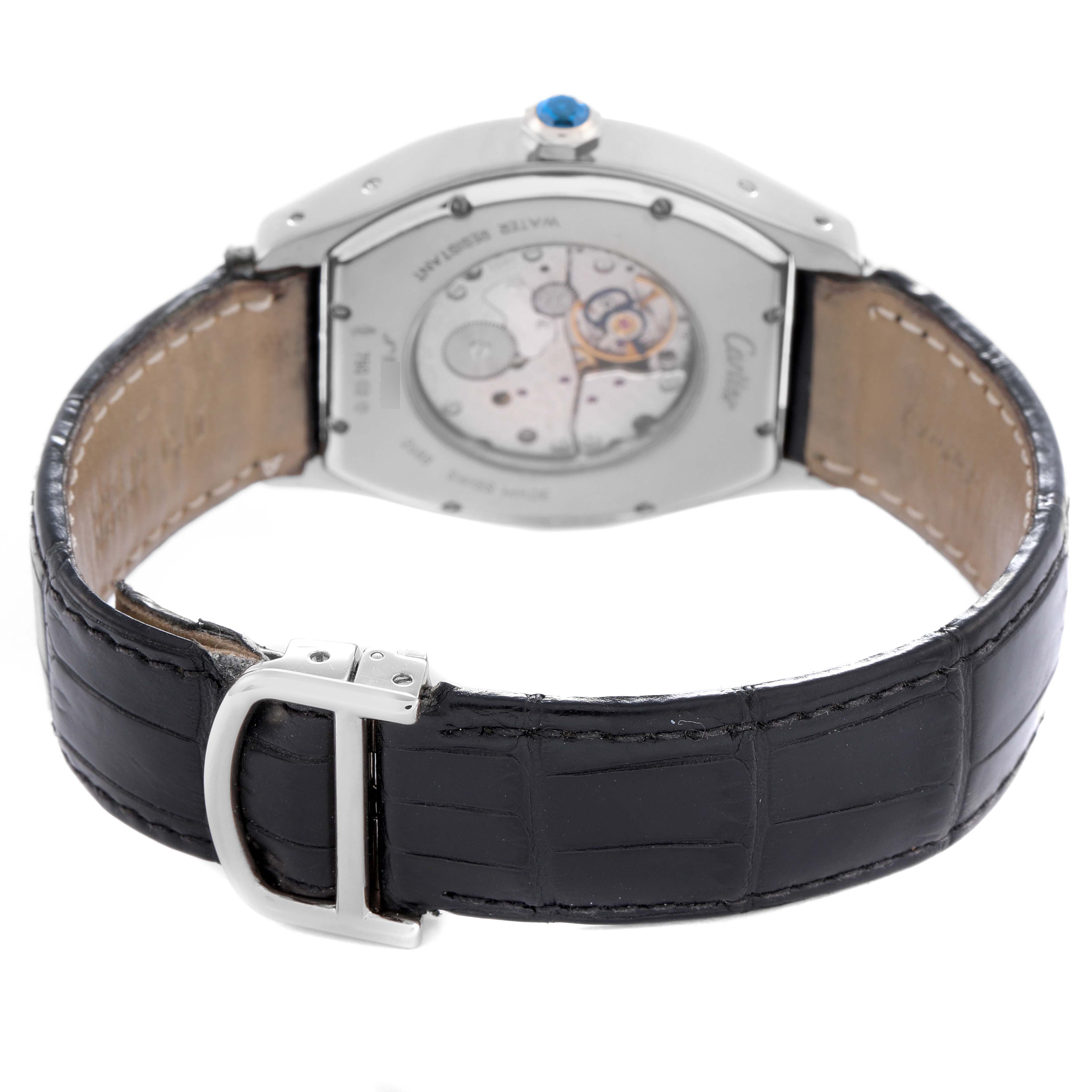 The image shows the back view of a Cartier Tortue W1542751 Men
s White Gold Silver Dial W1542751 Men
s White Gold Silver Dial watch, highlighting the transparent case back and leather strap with buckle.