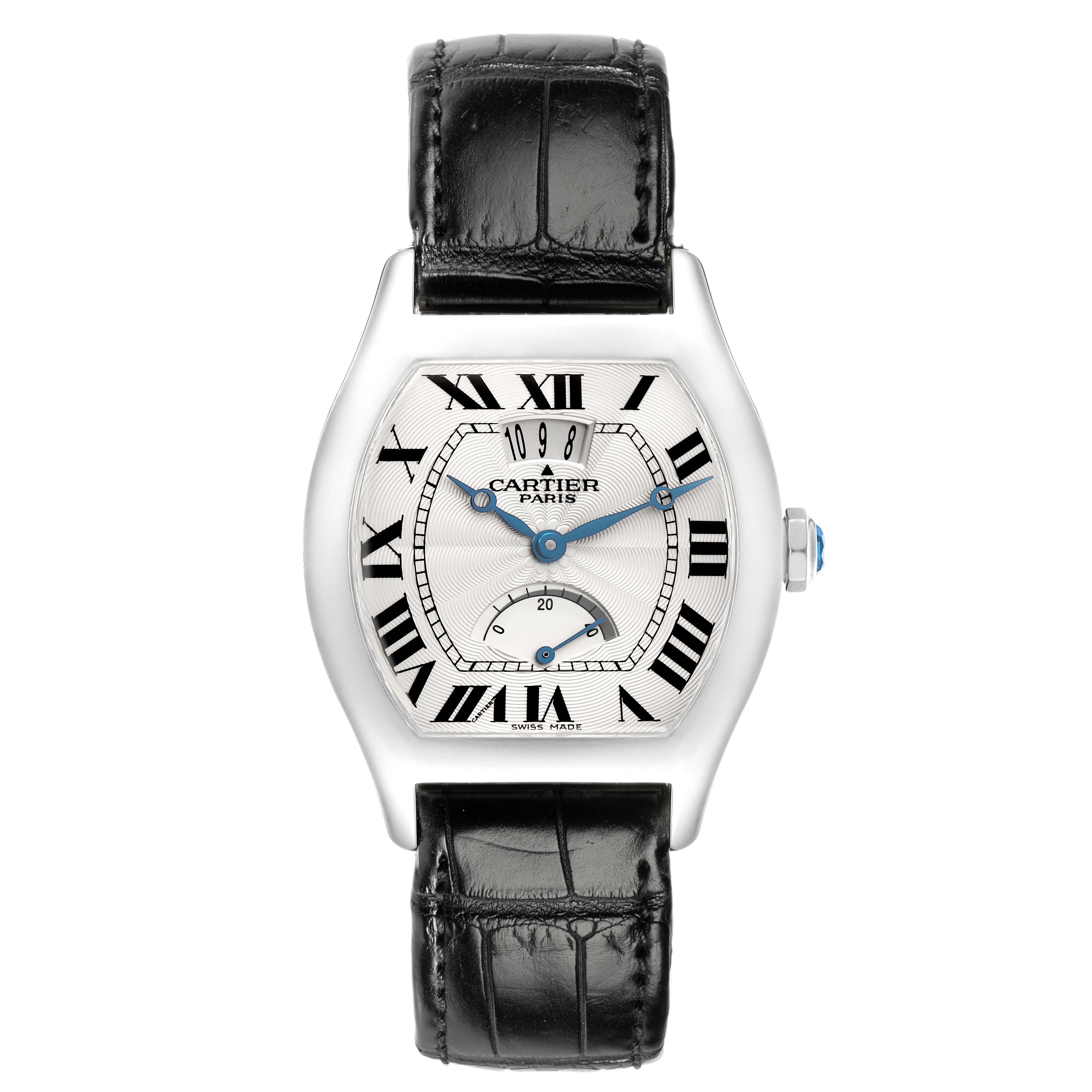 The Cartier Tortue W1542751 Men
s White Gold Silver Dial W1542751 Men
s White Gold Silver Dial watch is shown from the front, displaying its face, Roman numerals, and black leather strap.
