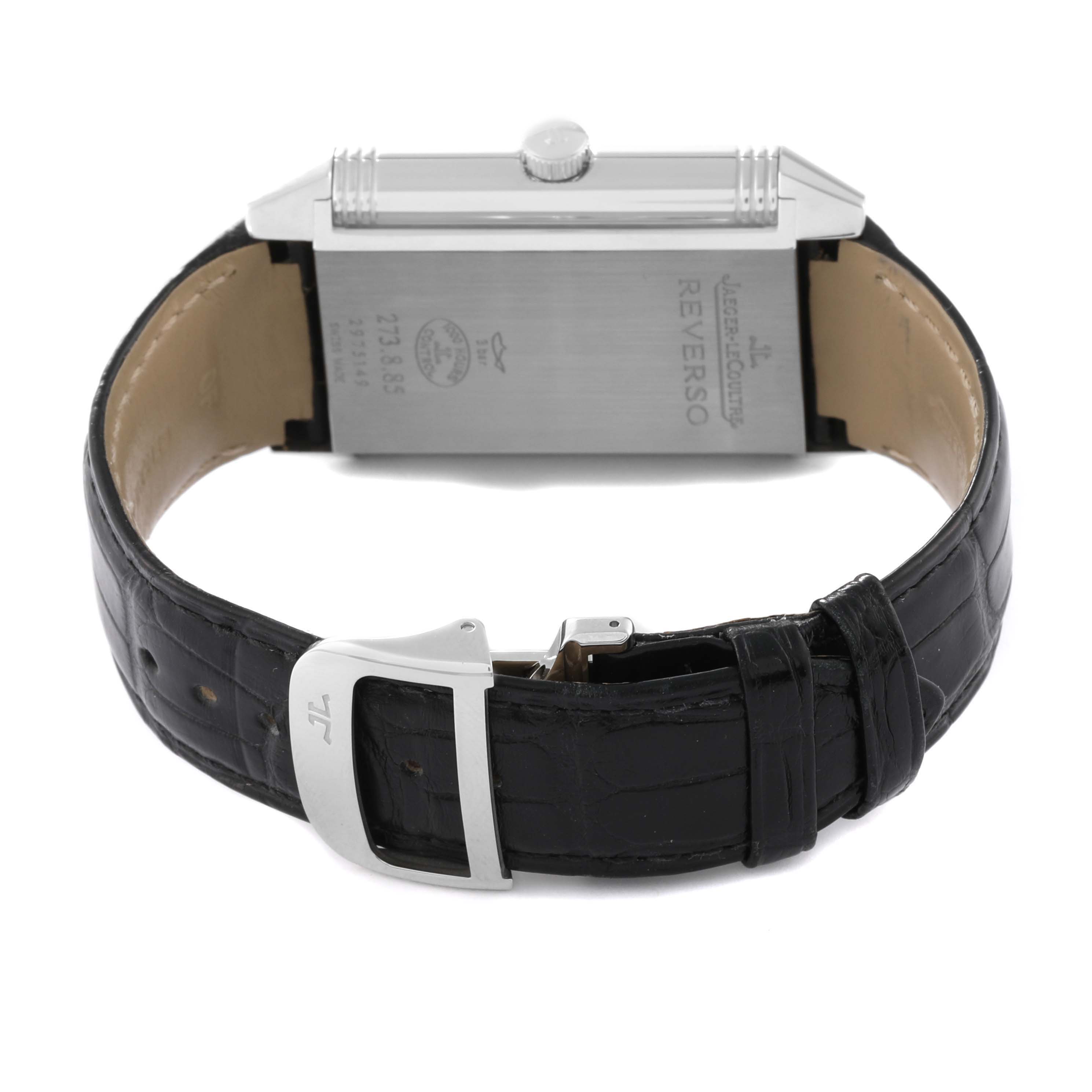 The image shows the back and side profile with a black leather strap and buckle of a Jaeger LeCoultre Reverso Q3748421 Men's Stainless Steel Silver Dial Q3748421 Men's Stainless Steel Silver Dial watch.