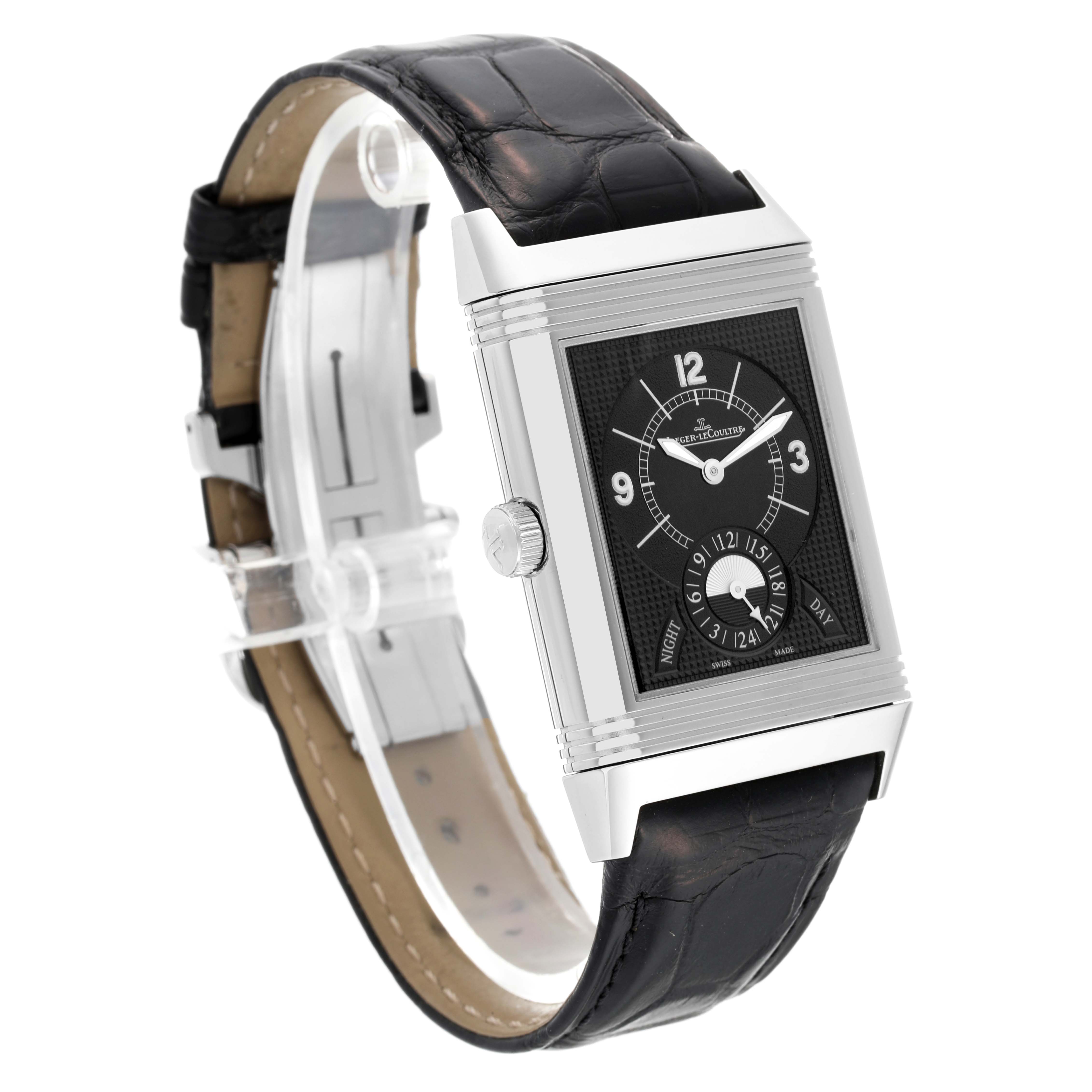 The Jaeger LeCoultre Reverso Q3748421 Men's Stainless Steel Silver Dial Q3748421 Men's Stainless Steel Silver Dial watch is shown at a three-quarter angle, highlighting its rectangular face and leather strap.