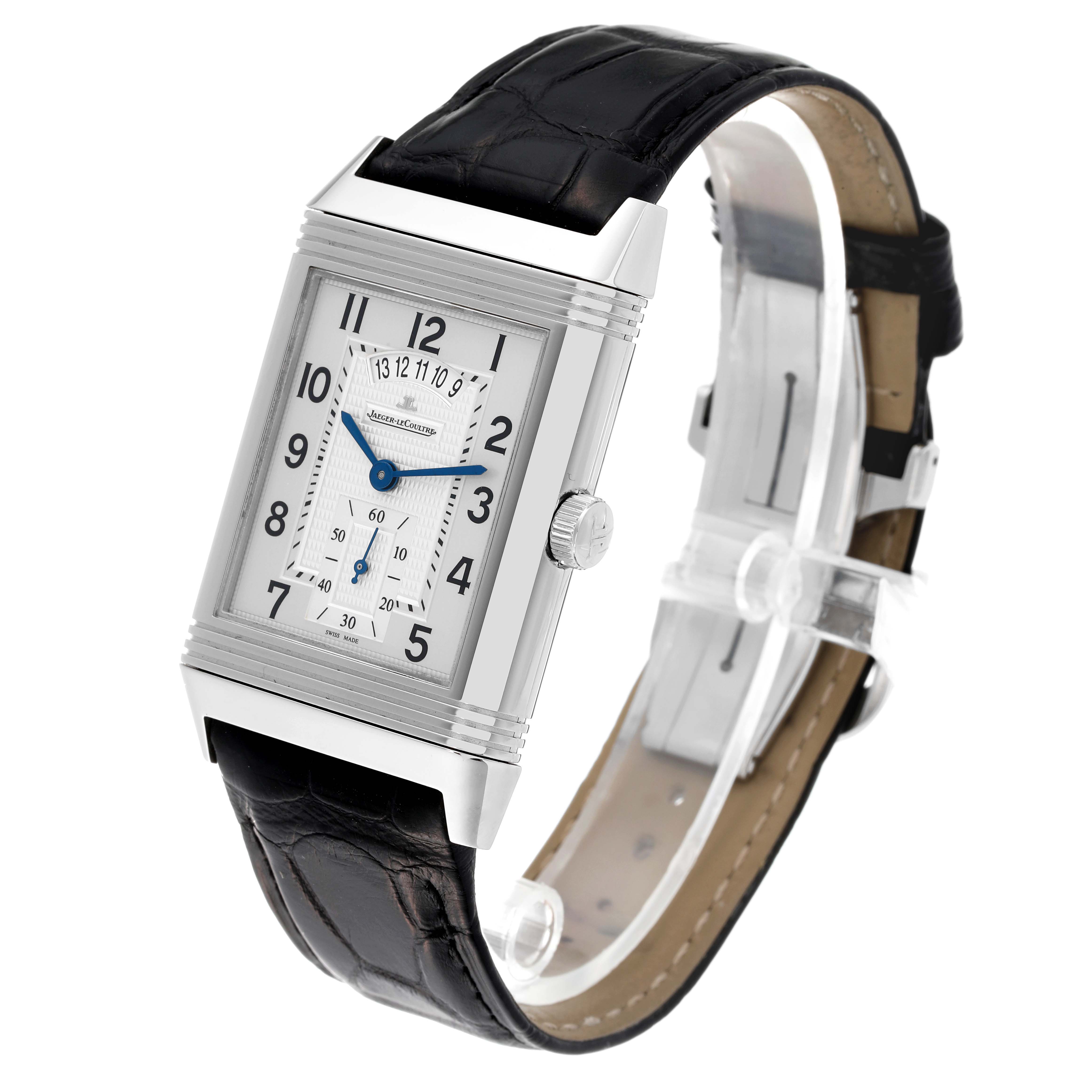 The image shows a Jaeger LeCoultre Reverso Q3748421 Men's Stainless Steel Silver Dial Q3748421 Men's Stainless Steel Silver Dial watch from a three-quarter angle, highlighting its rectangular face, leather strap, and crown.
