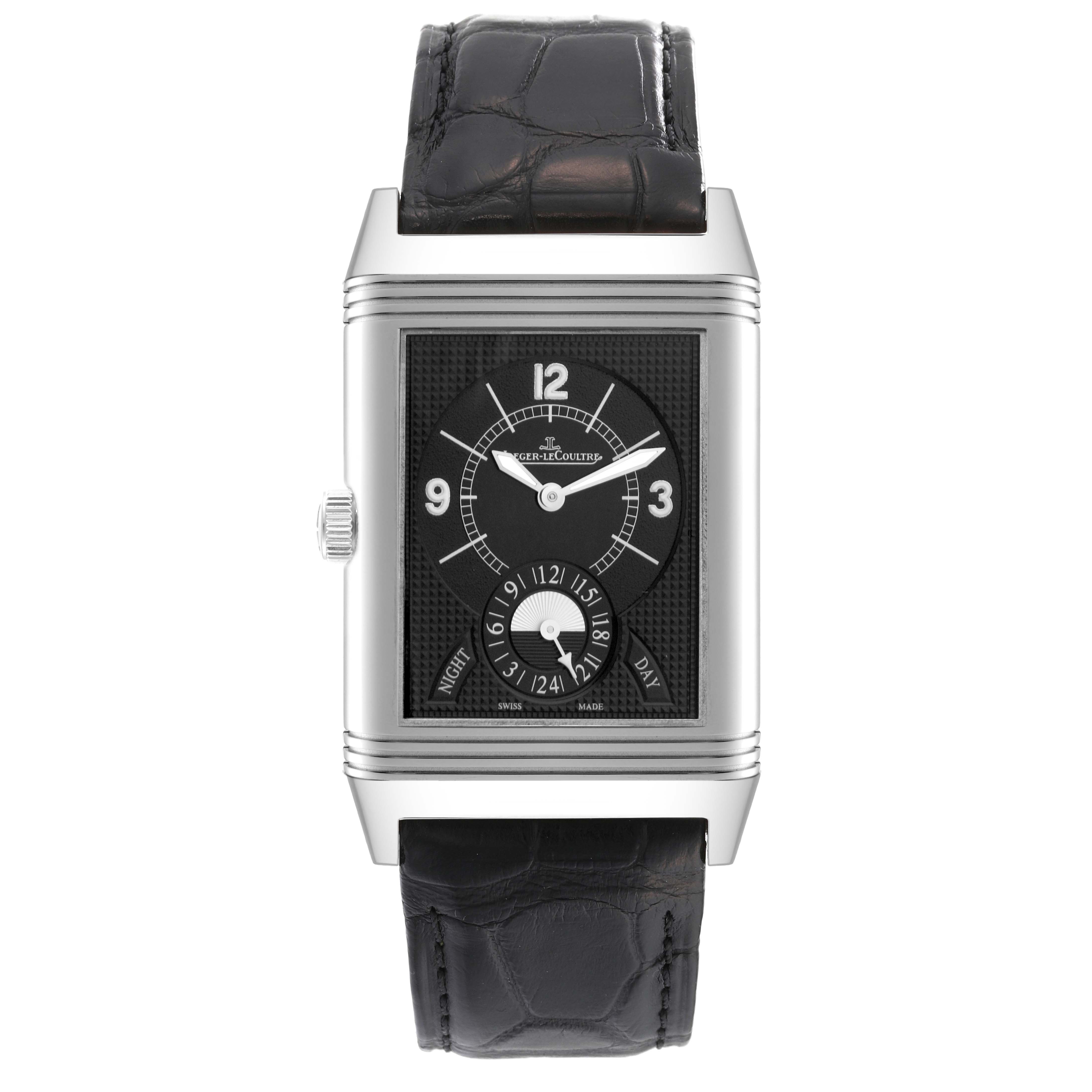 This is a front view of the Jaeger LeCoultre Reverso Q3748421 Men's Stainless Steel Silver Dial Q3748421 Men's Stainless Steel Silver Dial watch, showing the dial, case, and leather strap.