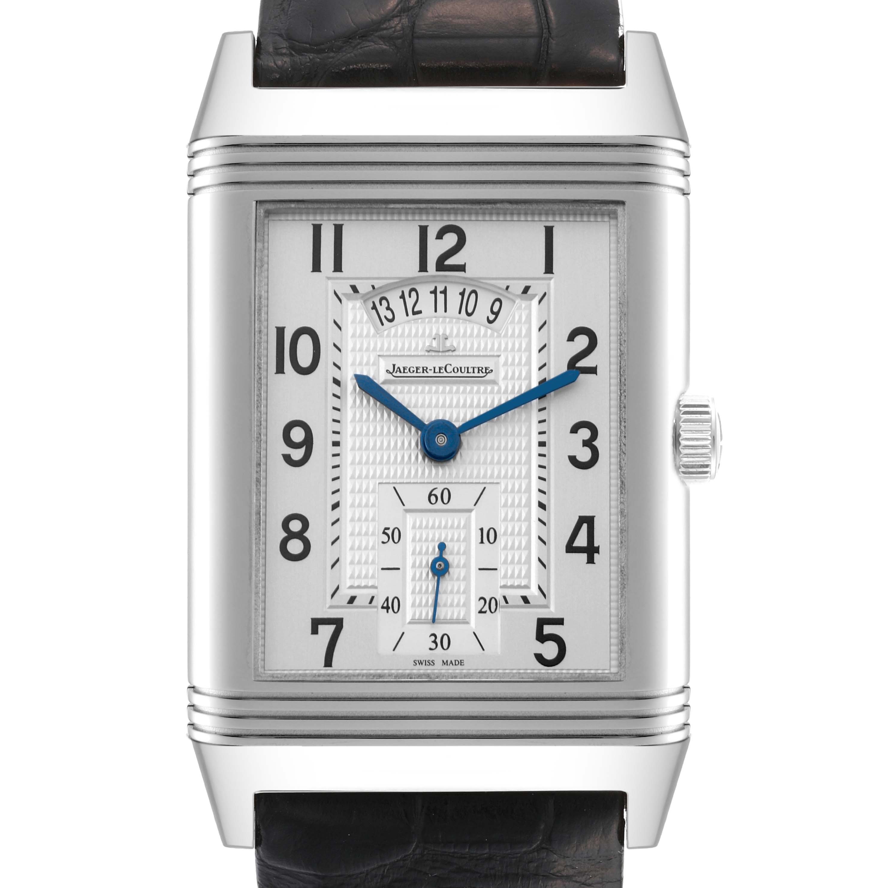 This front-angle view of the Jaeger LeCoultre Reverso Q3748421 Men's Stainless Steel Silver Dial Q3748421 Men's Stainless Steel Silver Dial watch shows the dial, blue hands, and black leather strap.