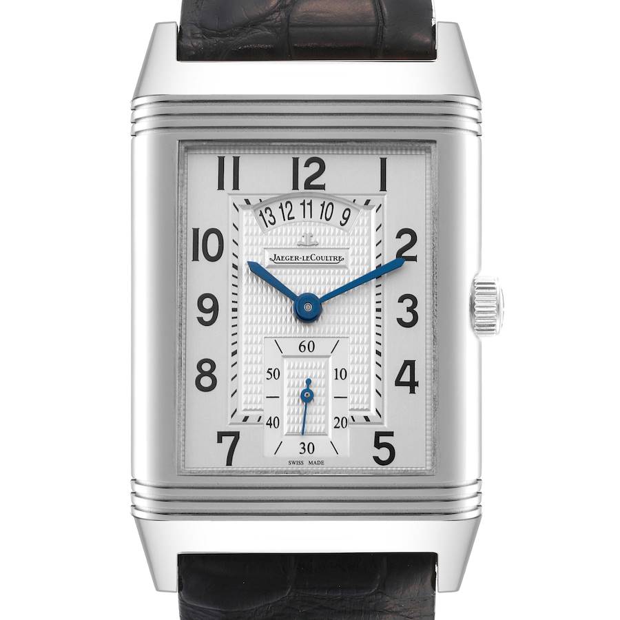 This front-angle view of the Jaeger LeCoultre Reverso watch shows the dial, blue hands, and black leather strap.