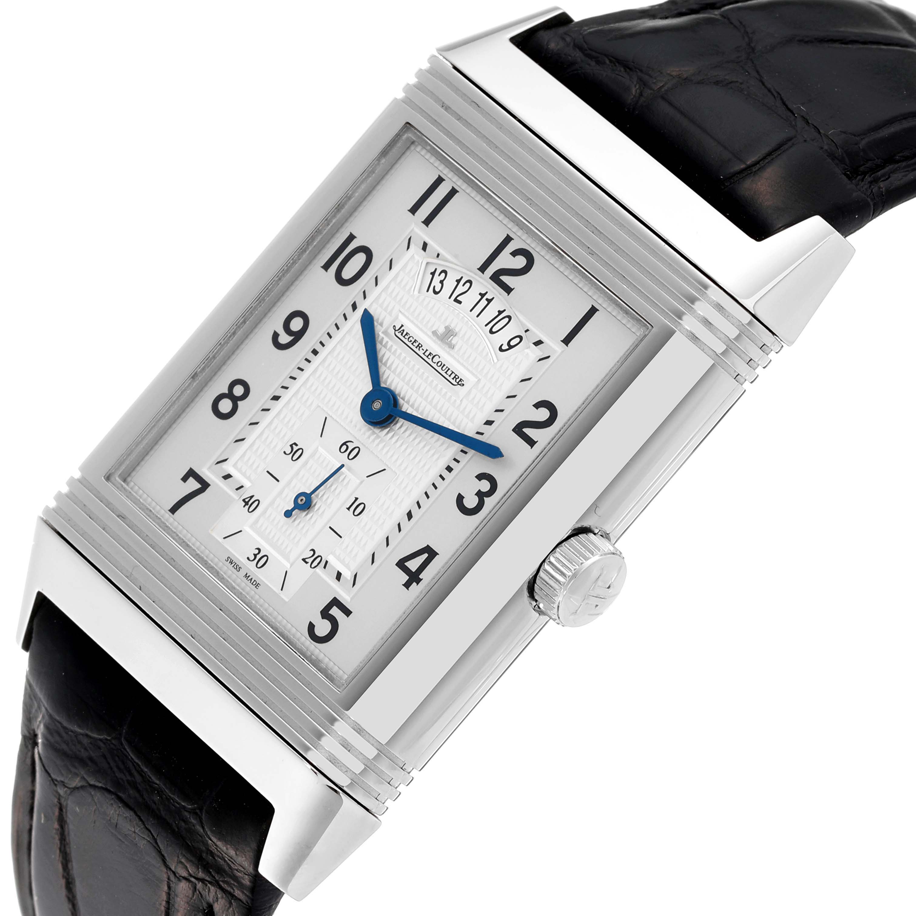 The image shows a Jaeger LeCoultre Reverso Q3748421 Men's Stainless Steel Silver Dial Q3748421 Men's Stainless Steel Silver Dial watch at an angle highlighting its face, crown, and part of the black leather strap.