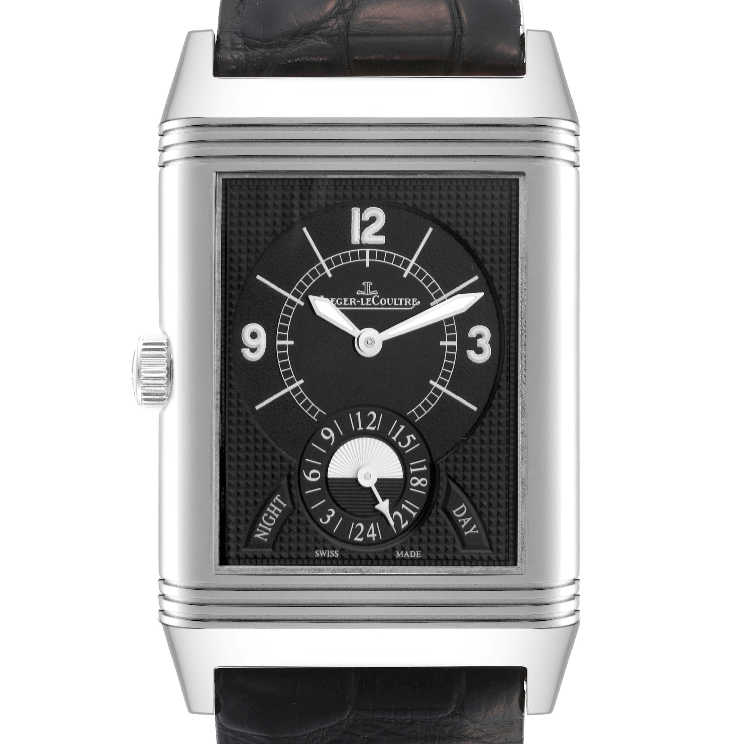 This image shows a frontal view of the Jaeger-LeCoultre Reverso watch, highlighting the dial, hands, and crown.