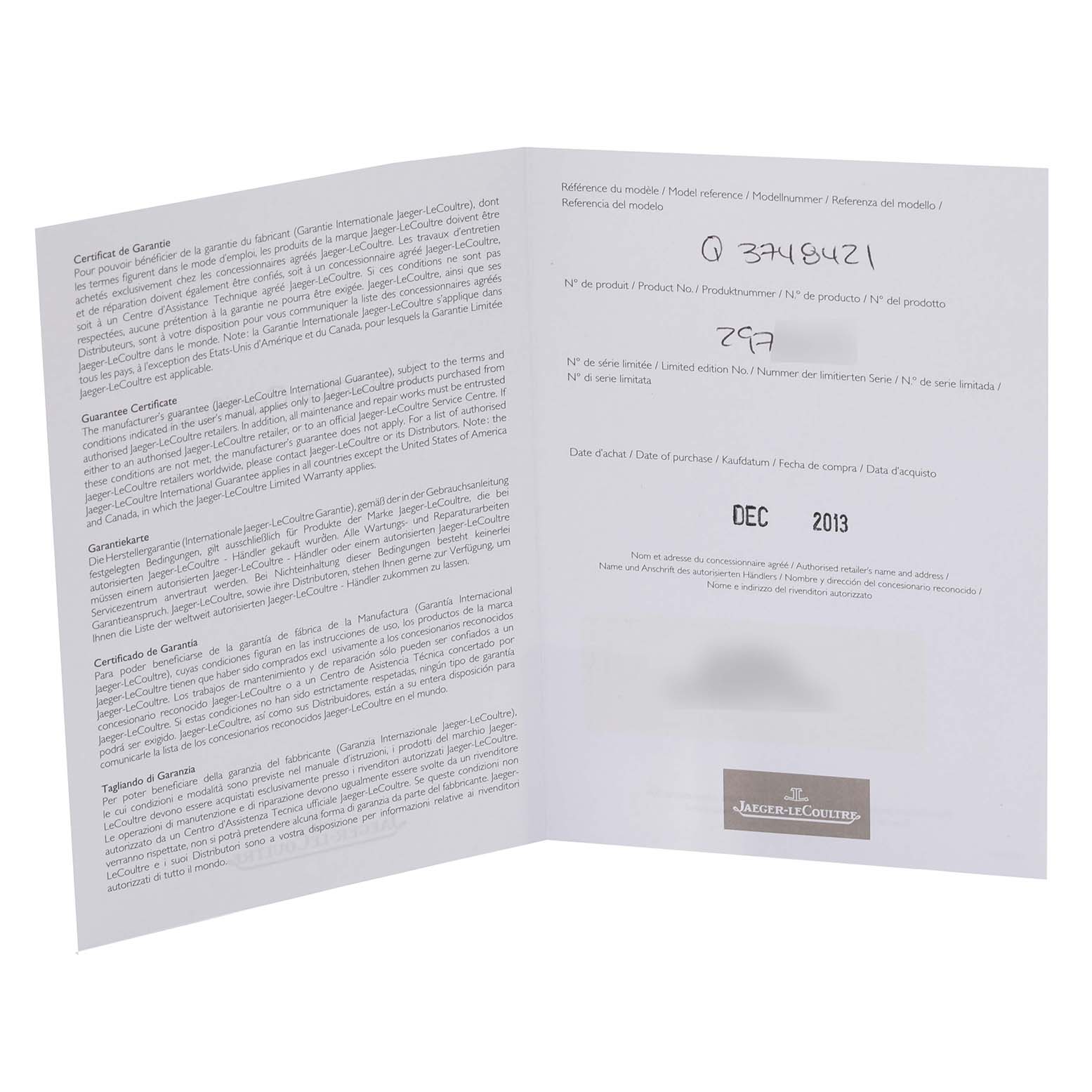 The image shows the warranty certificate of a Jaeger-LeCoultre Reverso watch, displaying detailed purchase and model information.