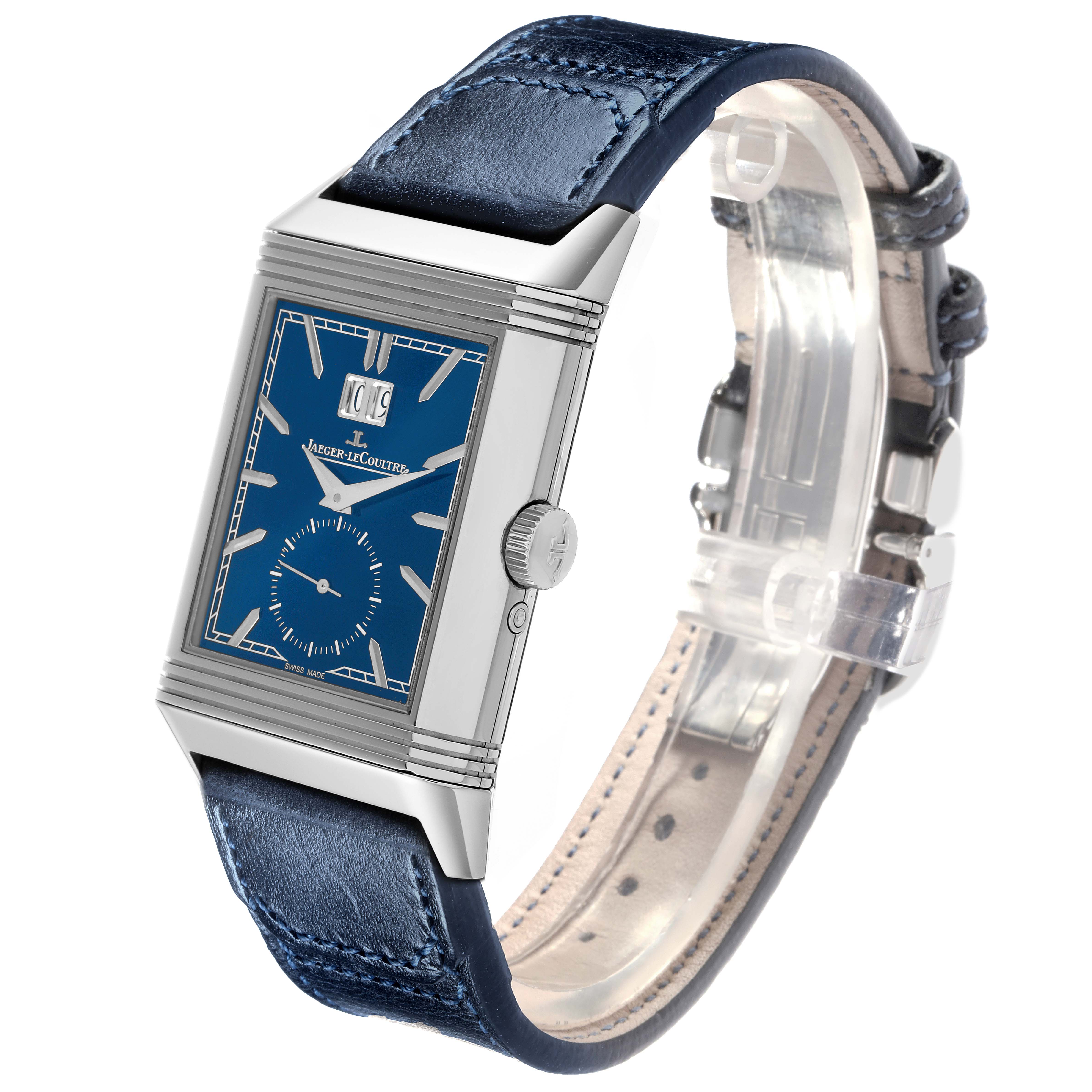 The Jaeger LeCoultre Reverso Q714845J Men's Stainless Steel Blue Dial Q714845J Men's Stainless Steel Blue Dial watch is shown from a three-quarter angle, highlighting the dial, case, and strap.
