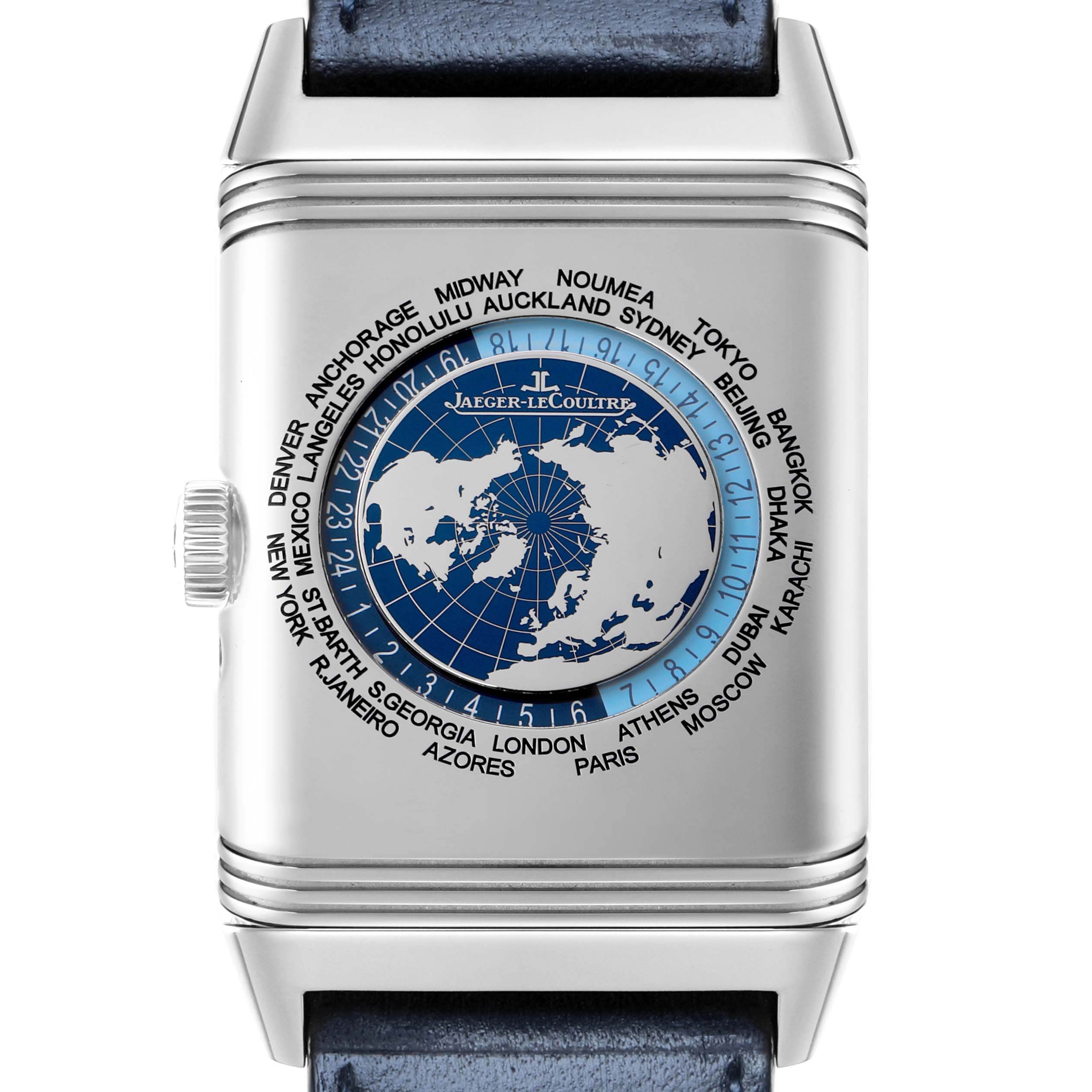 The Jaeger-LeCoultre Reverso model is shown from the front, highlighting its world time zone dial and blue leather strap.