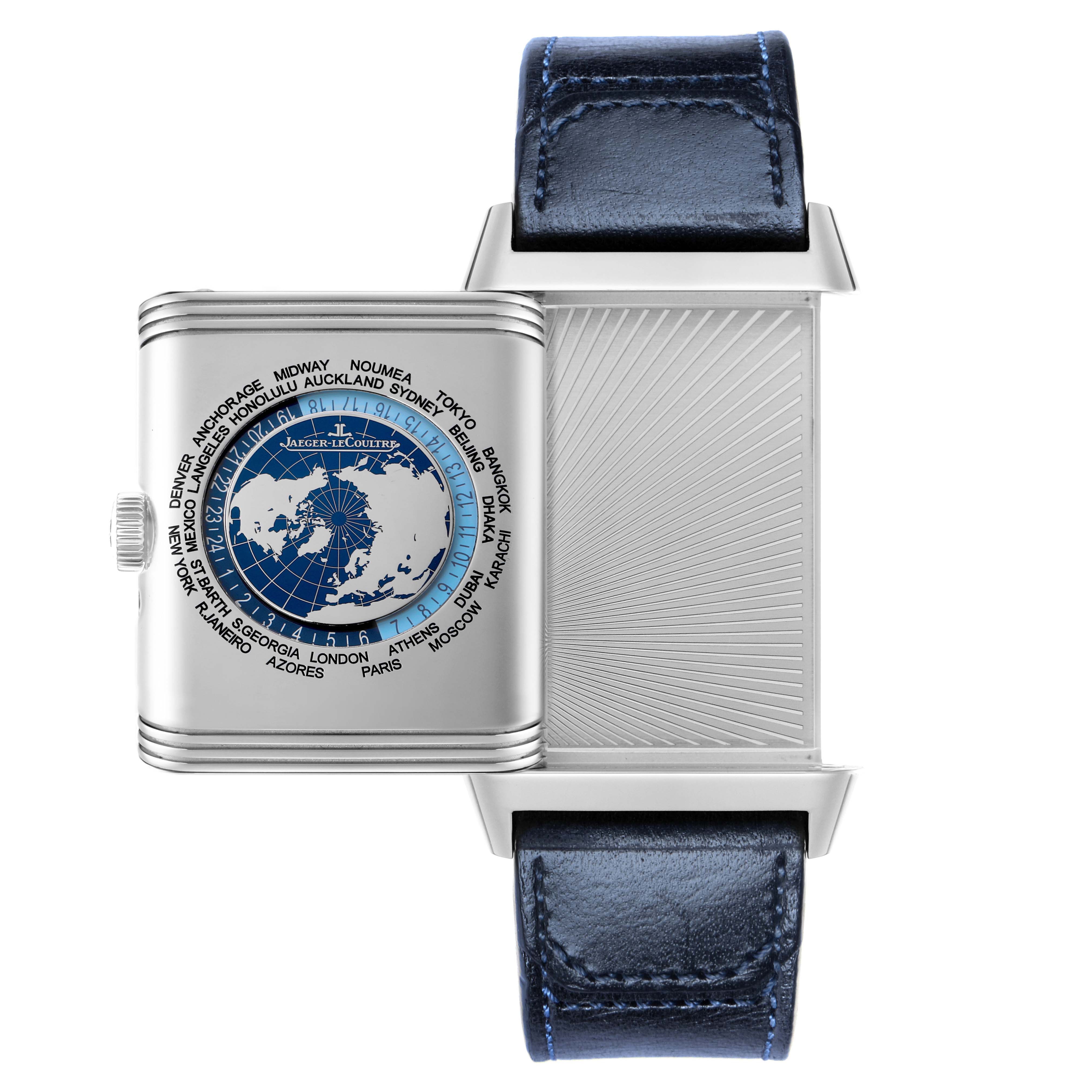 The watch face and reverse side are shown, highlighting the dual nature of the Jaeger LeCoultre Reverso Q714845J Men's Stainless Steel Blue Dial Q714845J Men's Stainless Steel Blue Dial's case and world time feature.