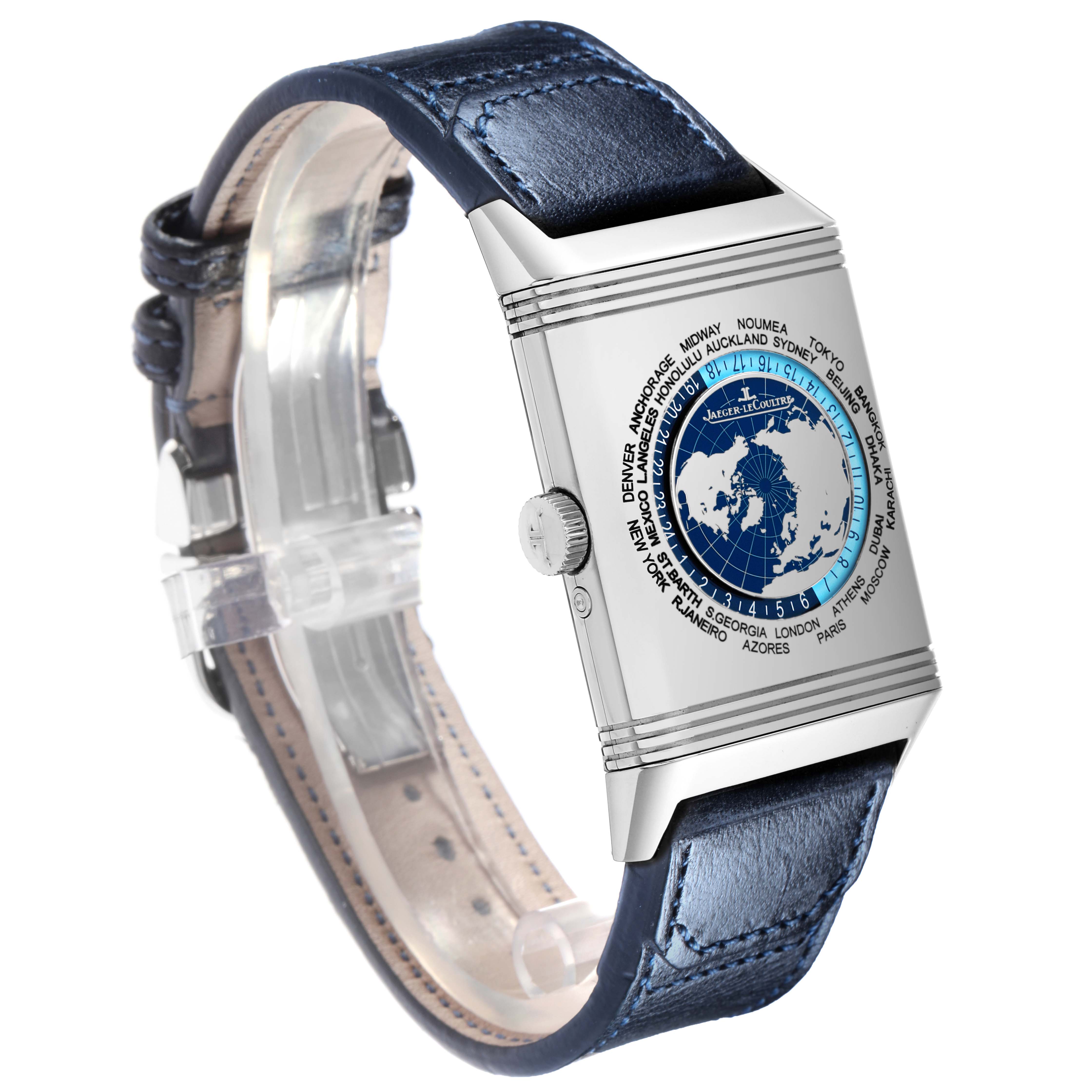 The Jaeger-LeCoultre Reverso watch is shown from an angled side view, highlighting the back case and strap.