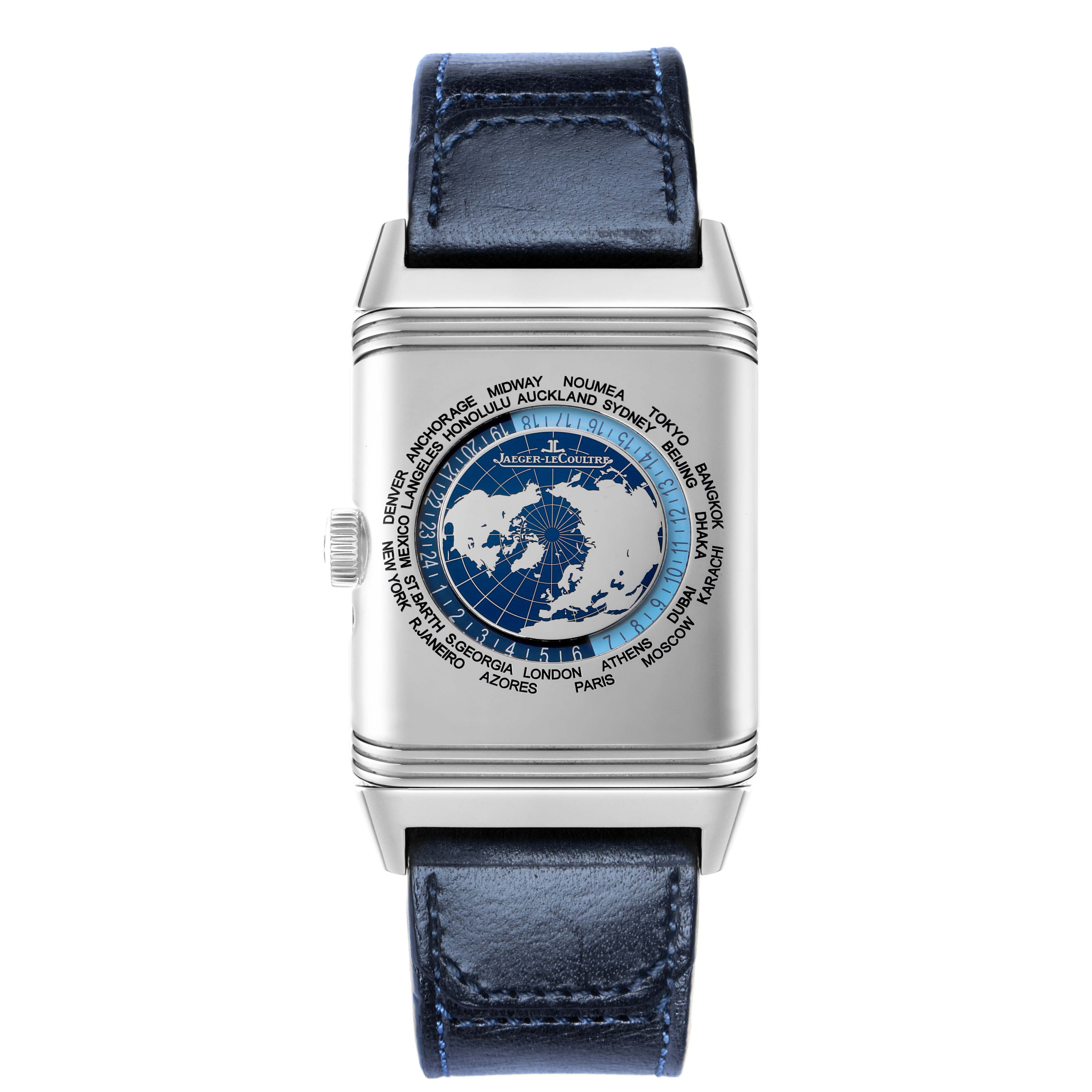 The Jaeger LeCoultre Reverso Q714845J Men's Stainless Steel Blue Dial Q714845J Men's Stainless Steel Blue Dial watch is shown from the front, highlighting its face, strap, and the cities around the dial.