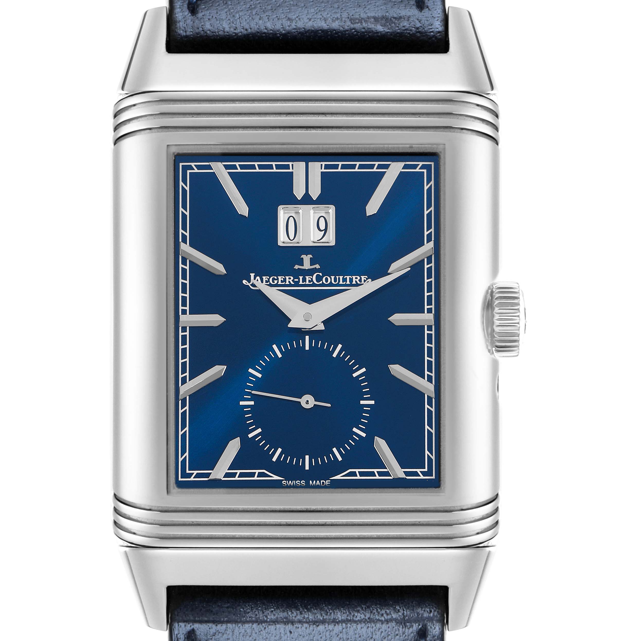 This frontal view shows the Jaeger-LeCoultre Reverso watch face, dial, and crown.