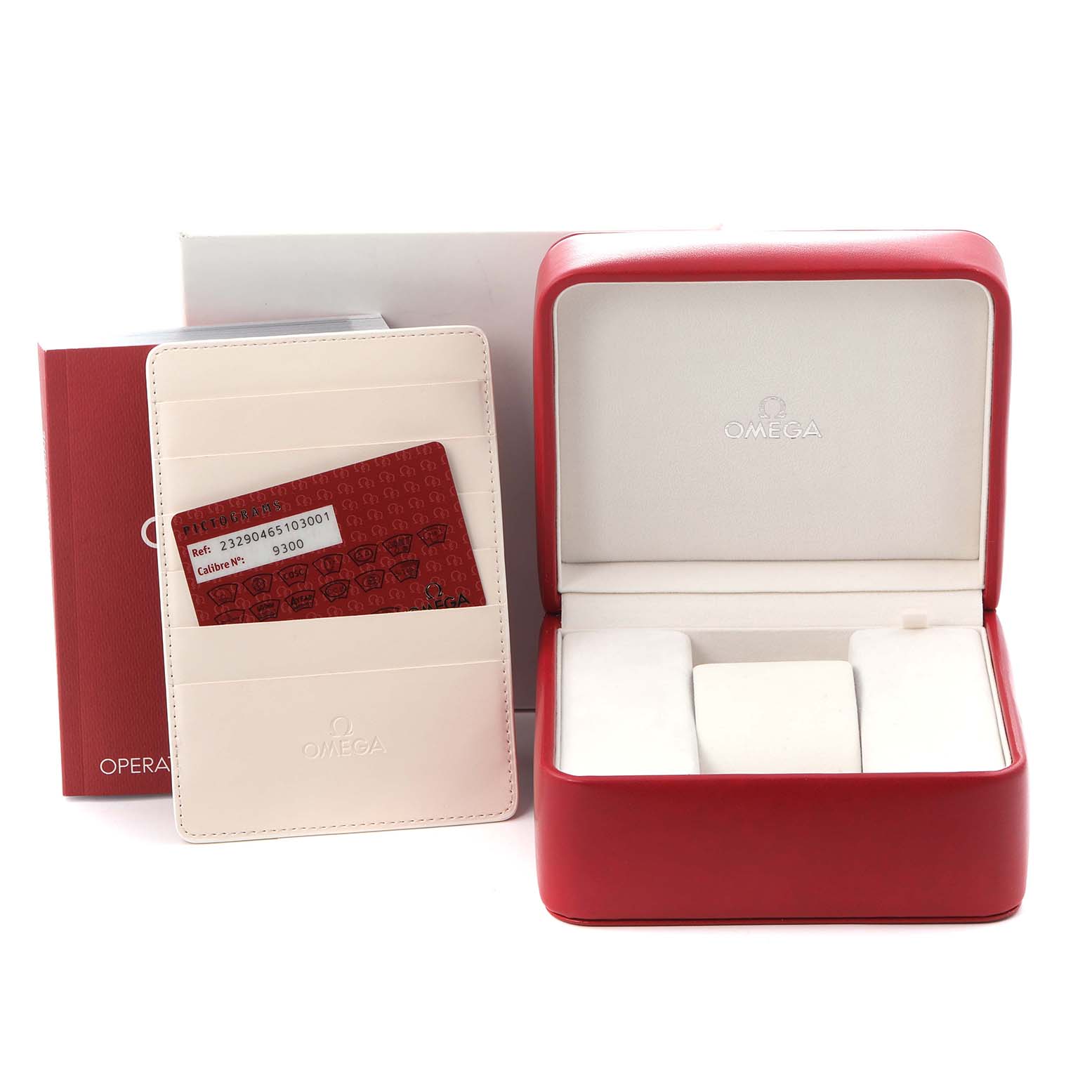 The image shows the Omega Planet Ocean 232.90.46.51.03.001 Men
s Titanium Blue Dial 232.90.46.51.03.001 Men
s Titanium Blue Dial watch box, open, with documentation and a cardholder beside it.