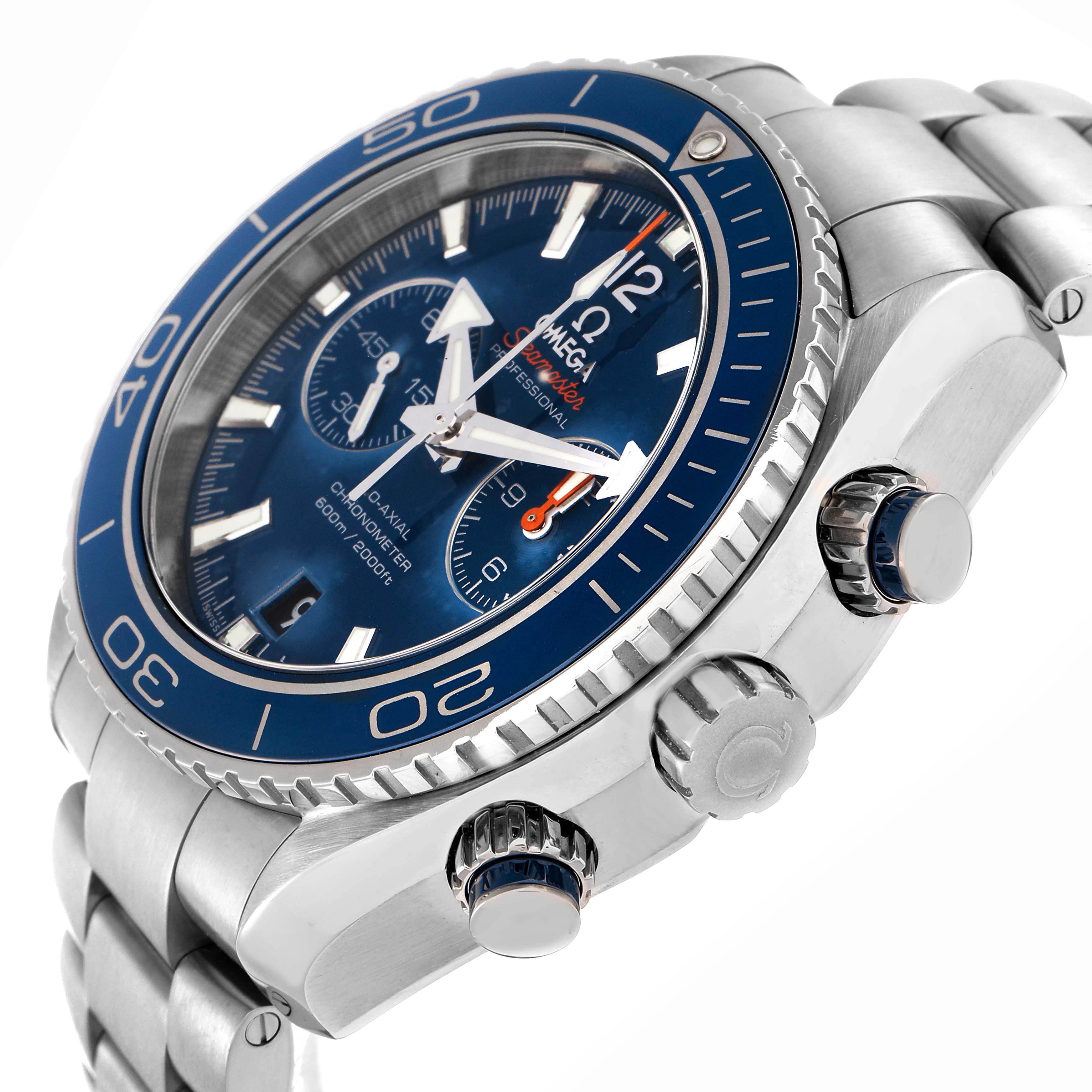 The Omega Planet Ocean 232.90.46.51.03.001 Men
s Titanium Blue Dial 232.90.46.51.03.001 Men
s Titanium Blue Dial watch is shown at an angled side view, highlighting the dial, bezel, and crown.