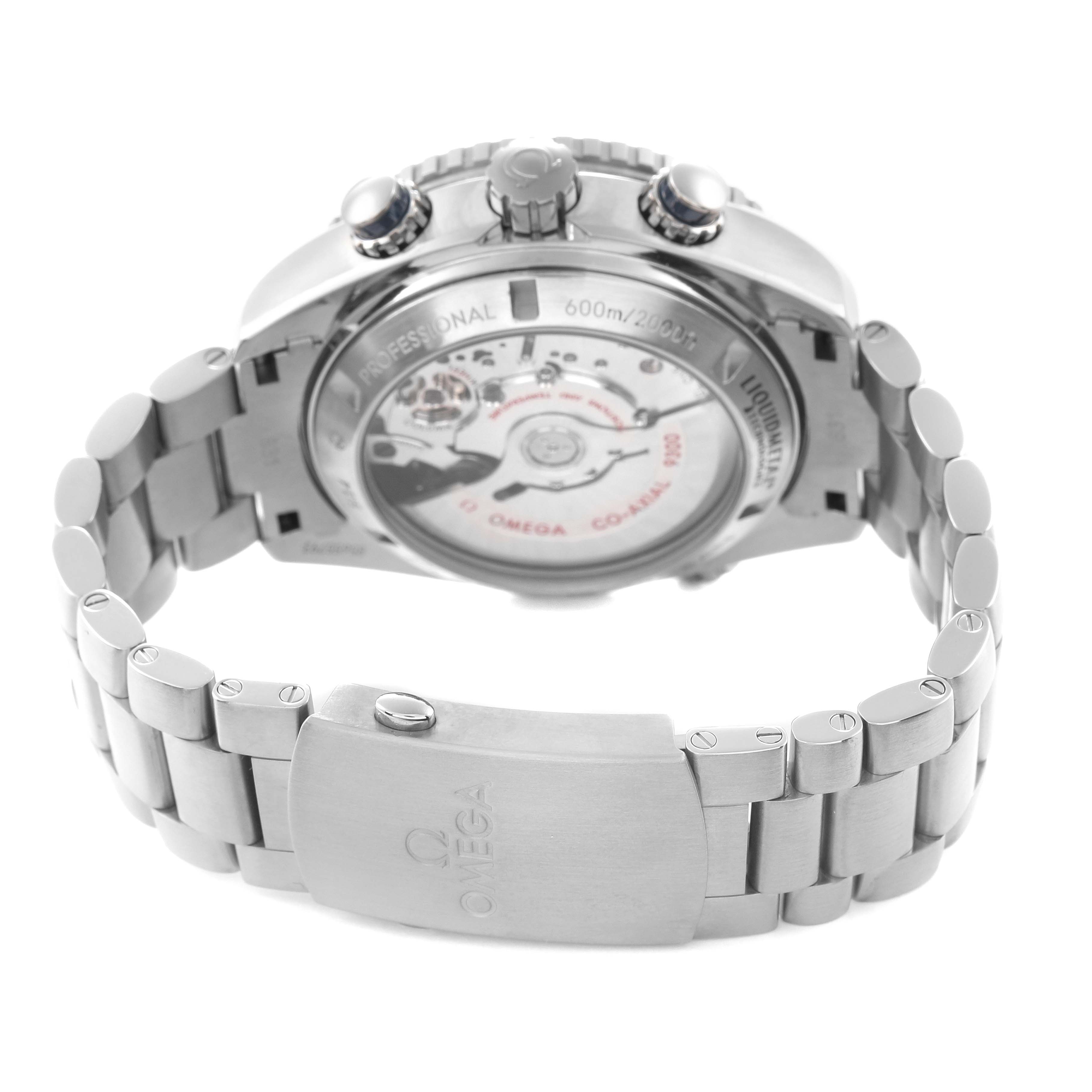 The image shows the back view of the Omega Planet Ocean 232.90.46.51.03.001 Men
s Titanium Blue Dial 232.90.46.51.03.001 Men
s Titanium Blue Dial watch, highlighting its open case back and metal bracelet.