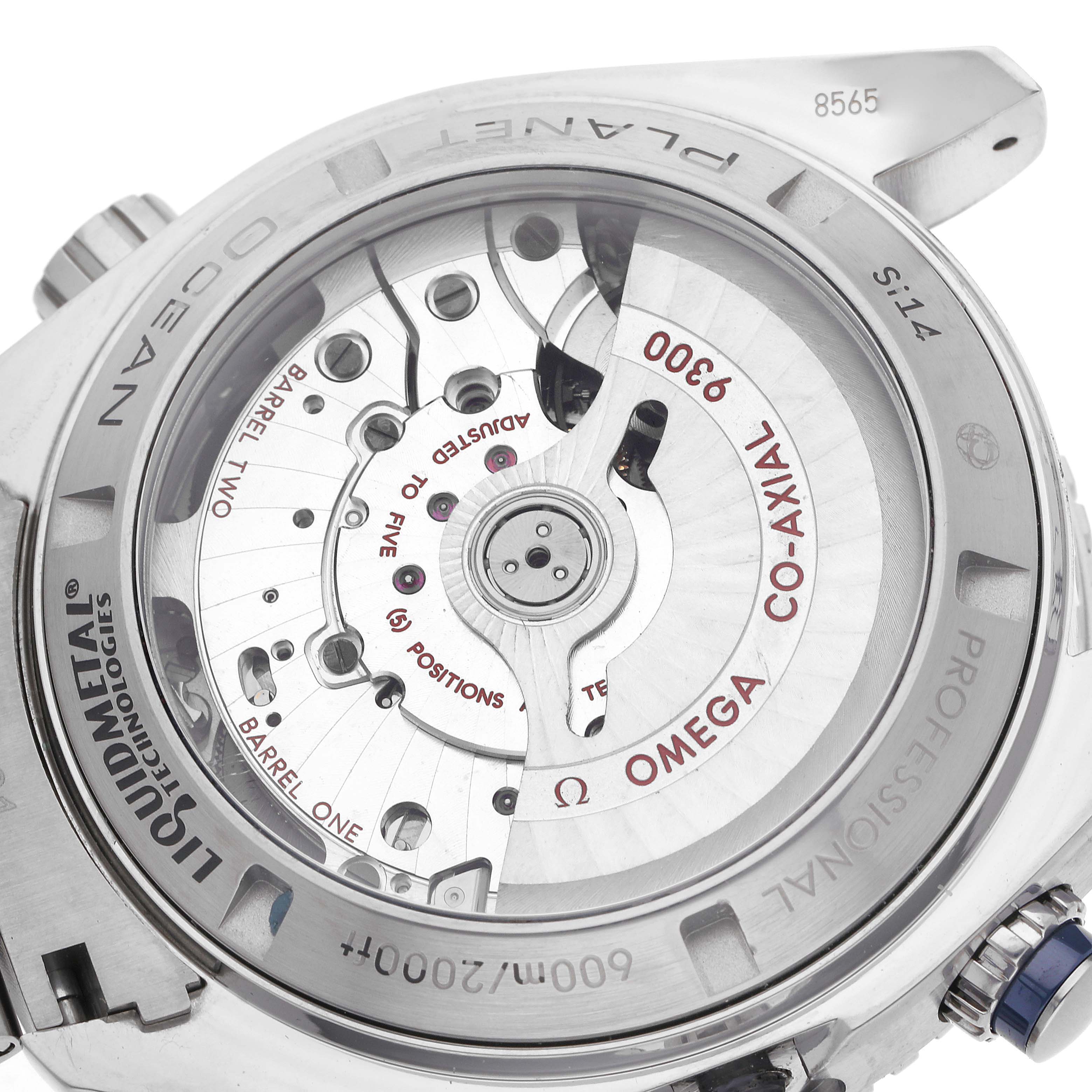 The image shows the back of the Omega Planet Ocean 232.90.46.51.03.001 Men
s Titanium Blue Dial 232.90.46.51.03.001 Men
s Titanium Blue Dial watch, highlighting the Co-Axial 9300 movement.